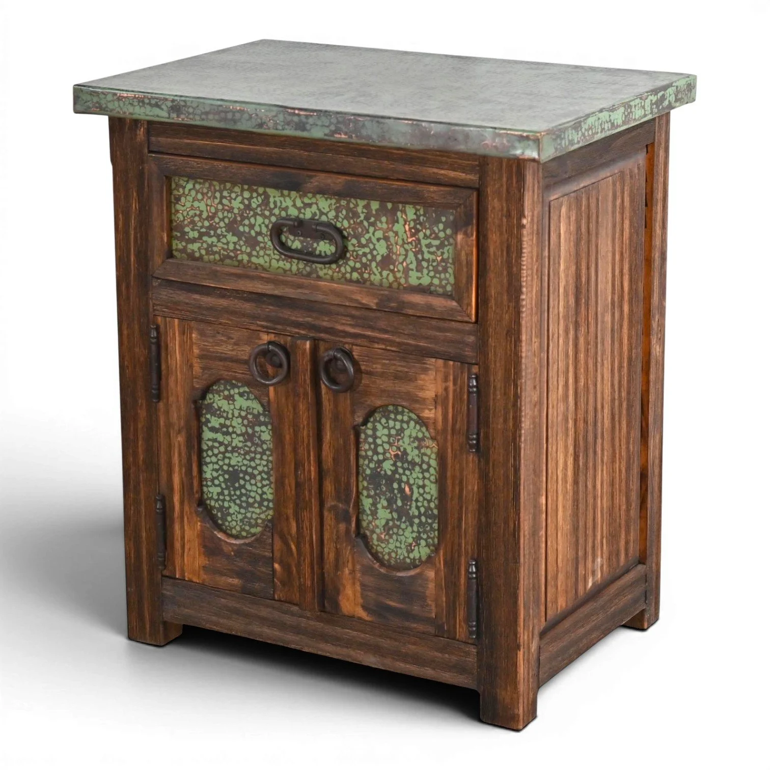 Handmade San Felipe copper nightstand with verdigris hand-pounded copper top, one drawer, two doors, solid wood frame, and iron hardware crafted in Mexico.