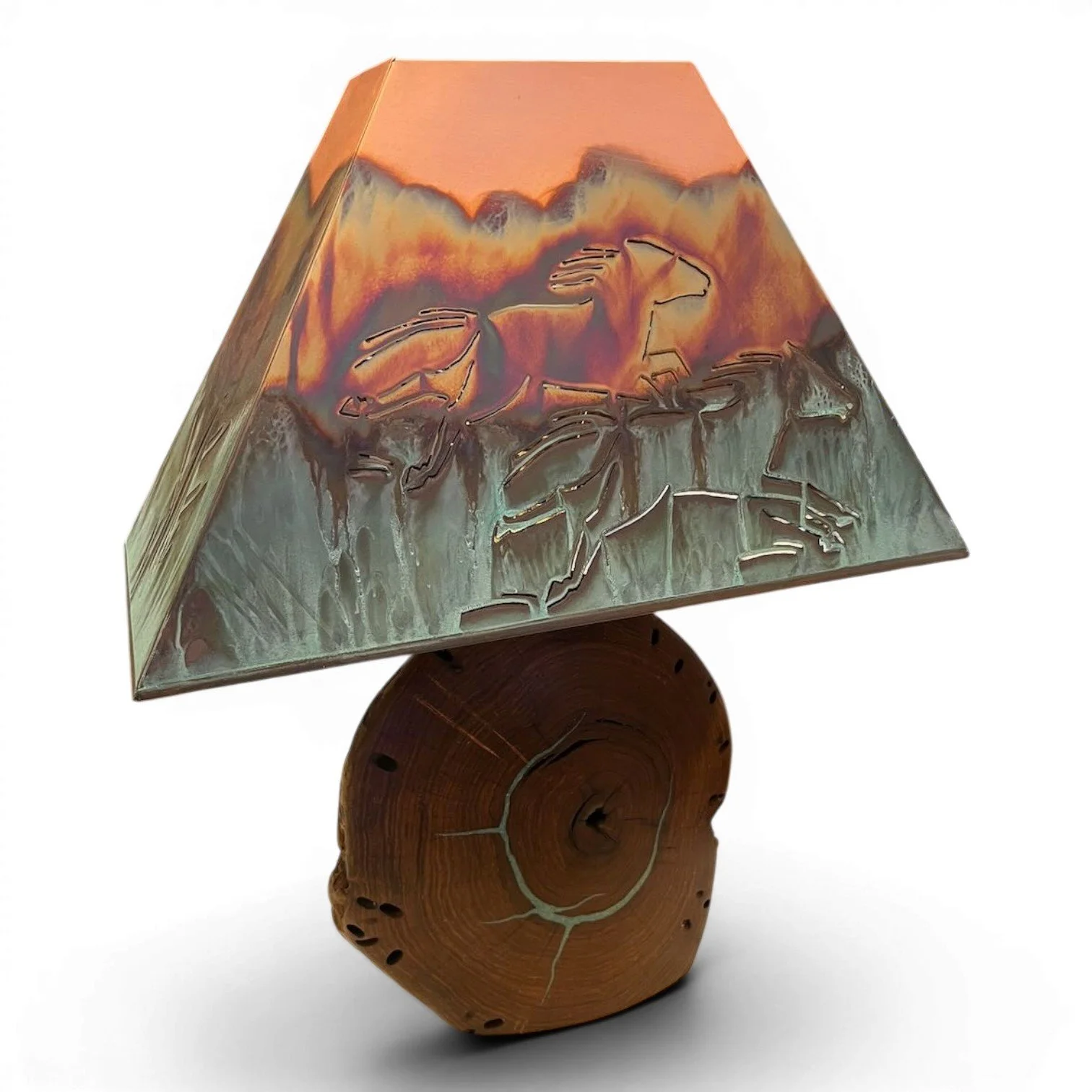 Handmade Mezquite y Cobre table lamp with solid copper shade, mesquite wood base, and turquoise inlay.