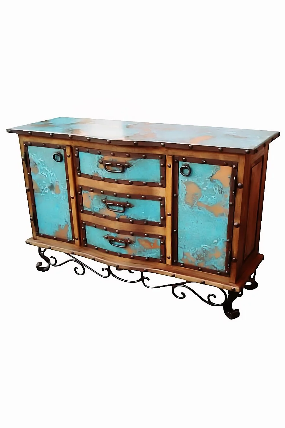 Shop the Santa Clara Turquoise Copper Buffet handmade in Mexico. Solid wood buffet with turquoise copper accents, dark finish, iron base, and rustic luxury artisan style.