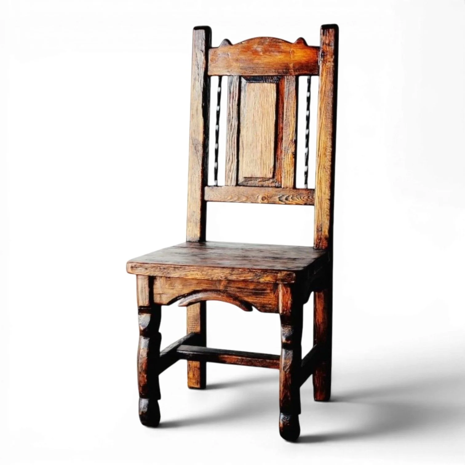 Silla Veracruz handcrafted Mexican reclaimed wood dining chair with twisted iron backrest and hand-carved details