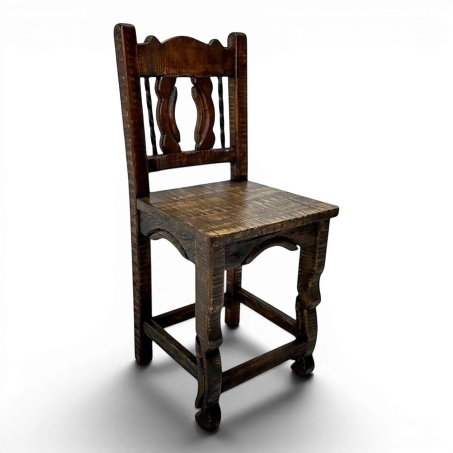 Handmade Mexican San Juanito bar stool with yoke-style backrest, twisted iron accents, carved legs, and dark stained finish
