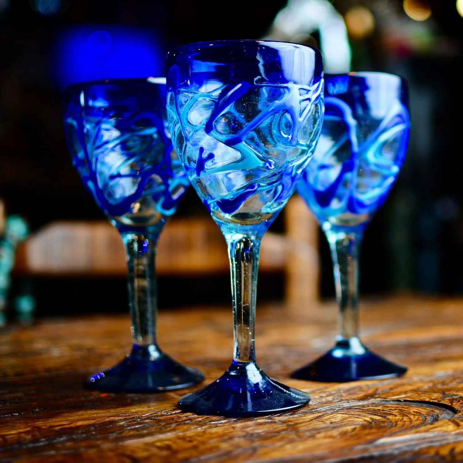 Handblown Blue Swirl Wine Glasses