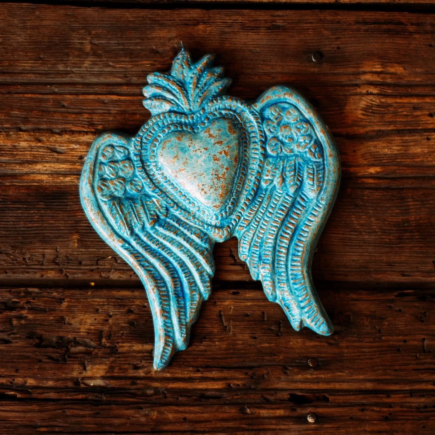 Handmade Mexican distressed blue clay heart with wings wall décor
