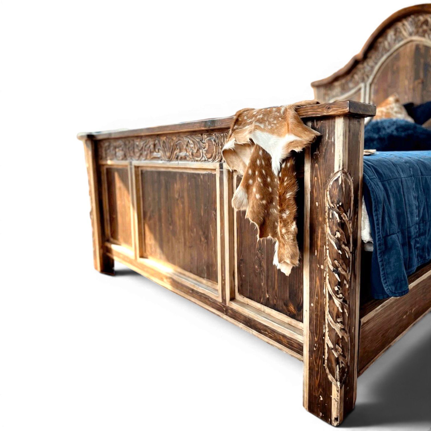 Las Conchas handcrafted Mexican reclaimed wood bed with white wash finish, arched headboard, and hand-carved details