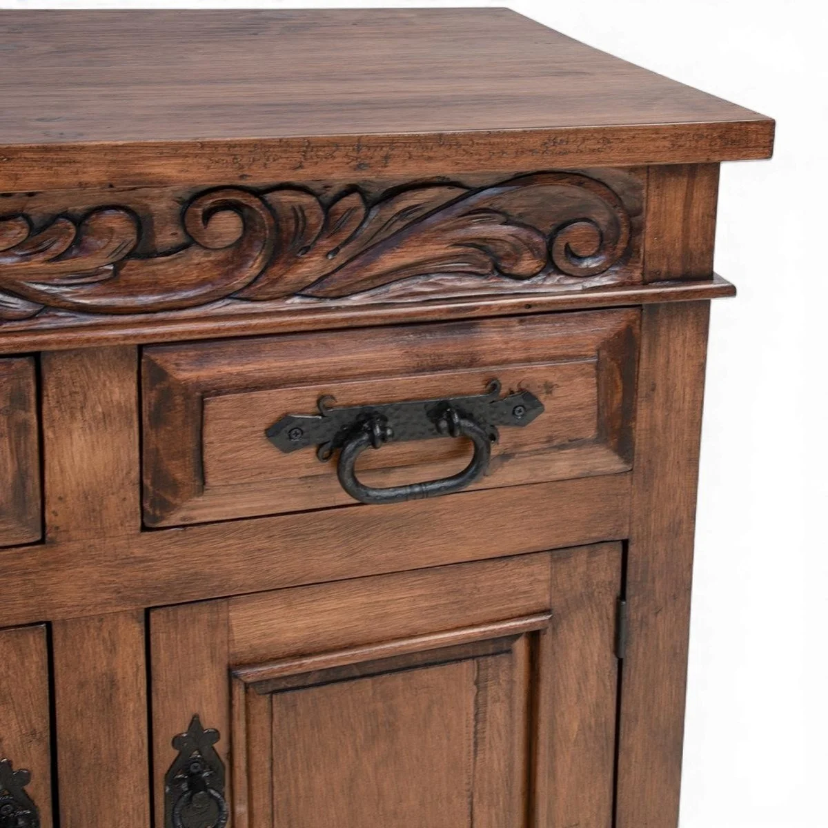 Handmade Las Cuevas Especial dark rustic buffet with hand-carved details and iron hardware crafted in Mexico.