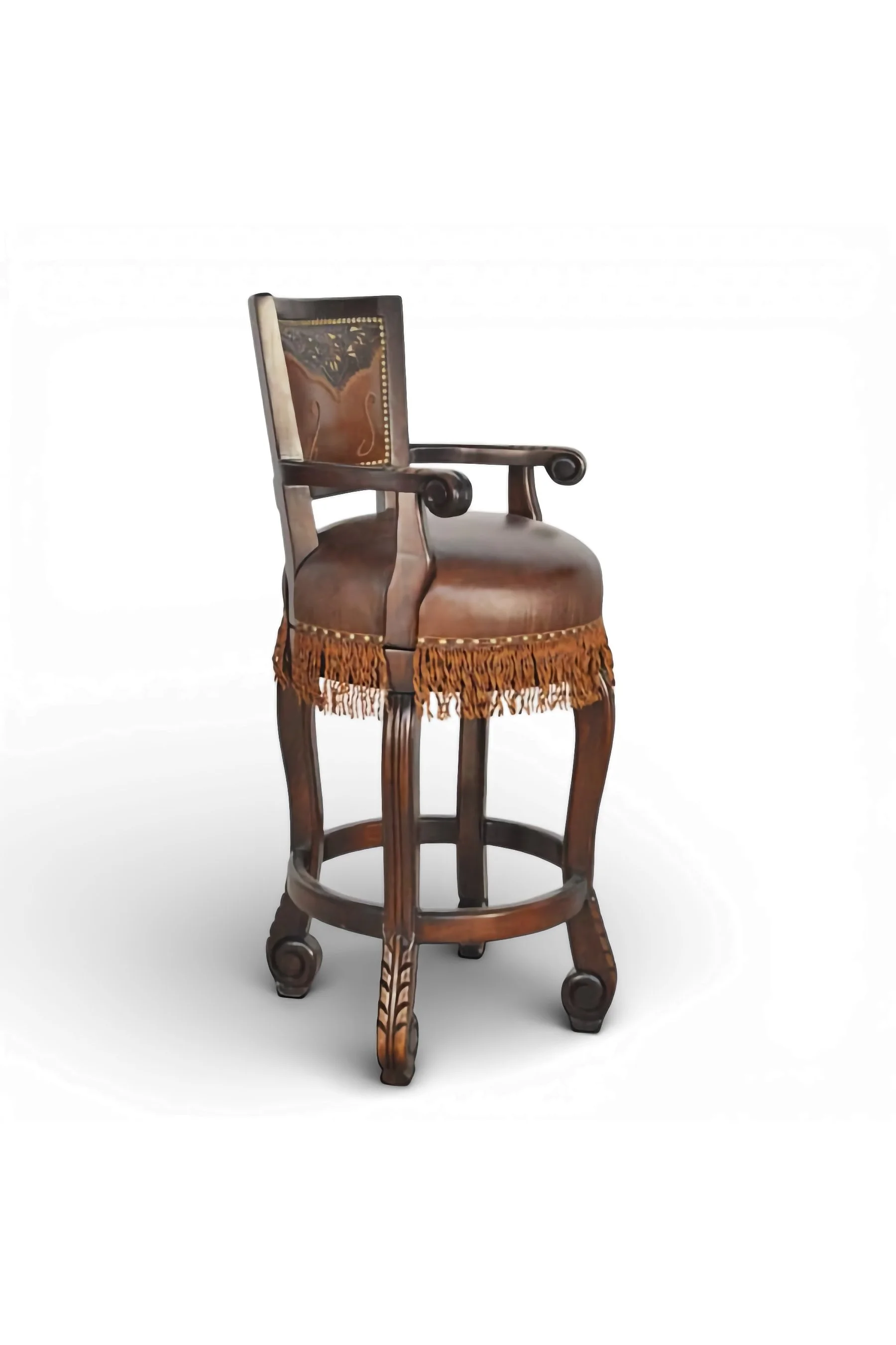Shop a tooled leather bar stool with fringe and carved wood details. Rustic Western design with clavos accents for unique bar seating.