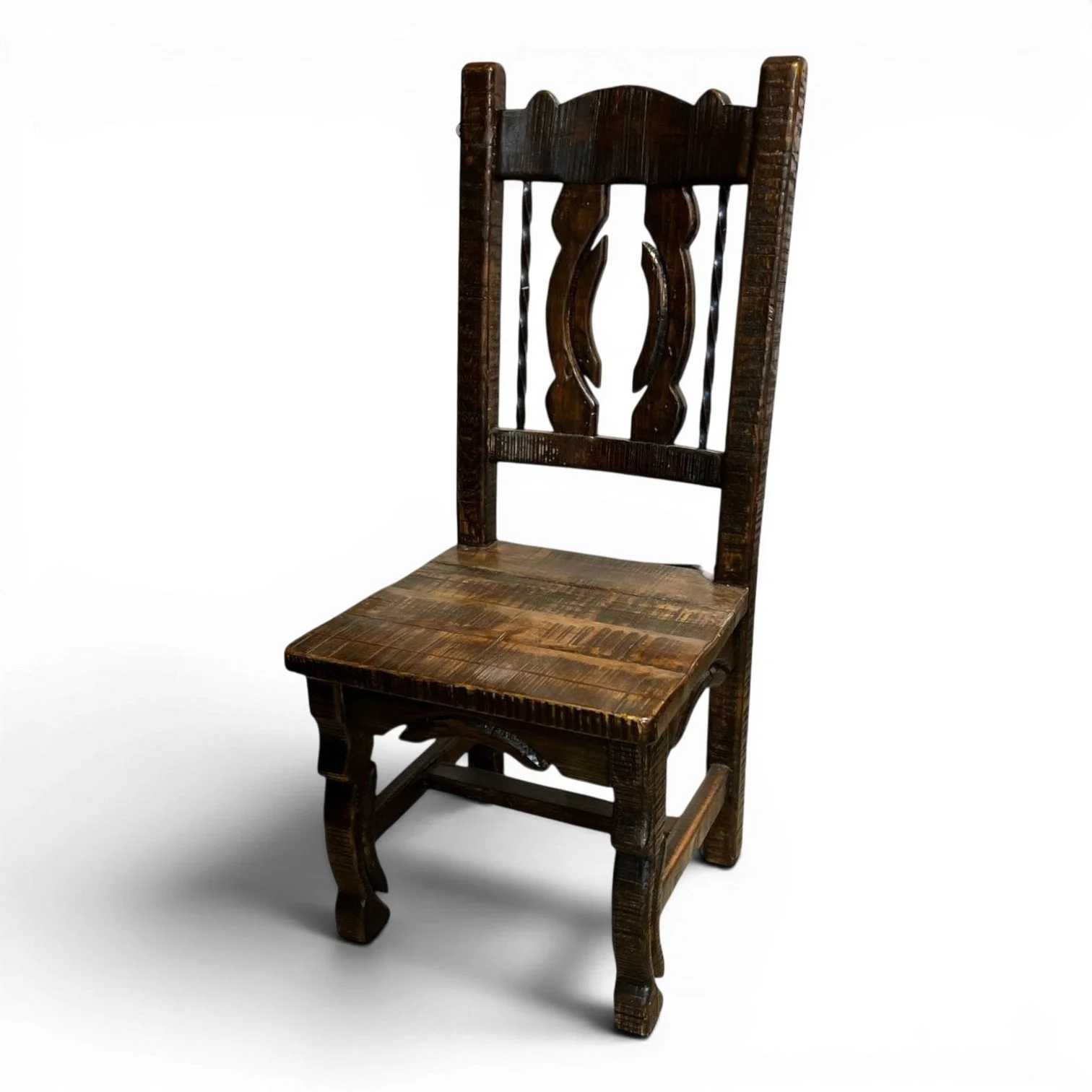 San Juanito handcrafted Mexican reclaimed wood dining chair with Western yoke-style back and twisted iron accents