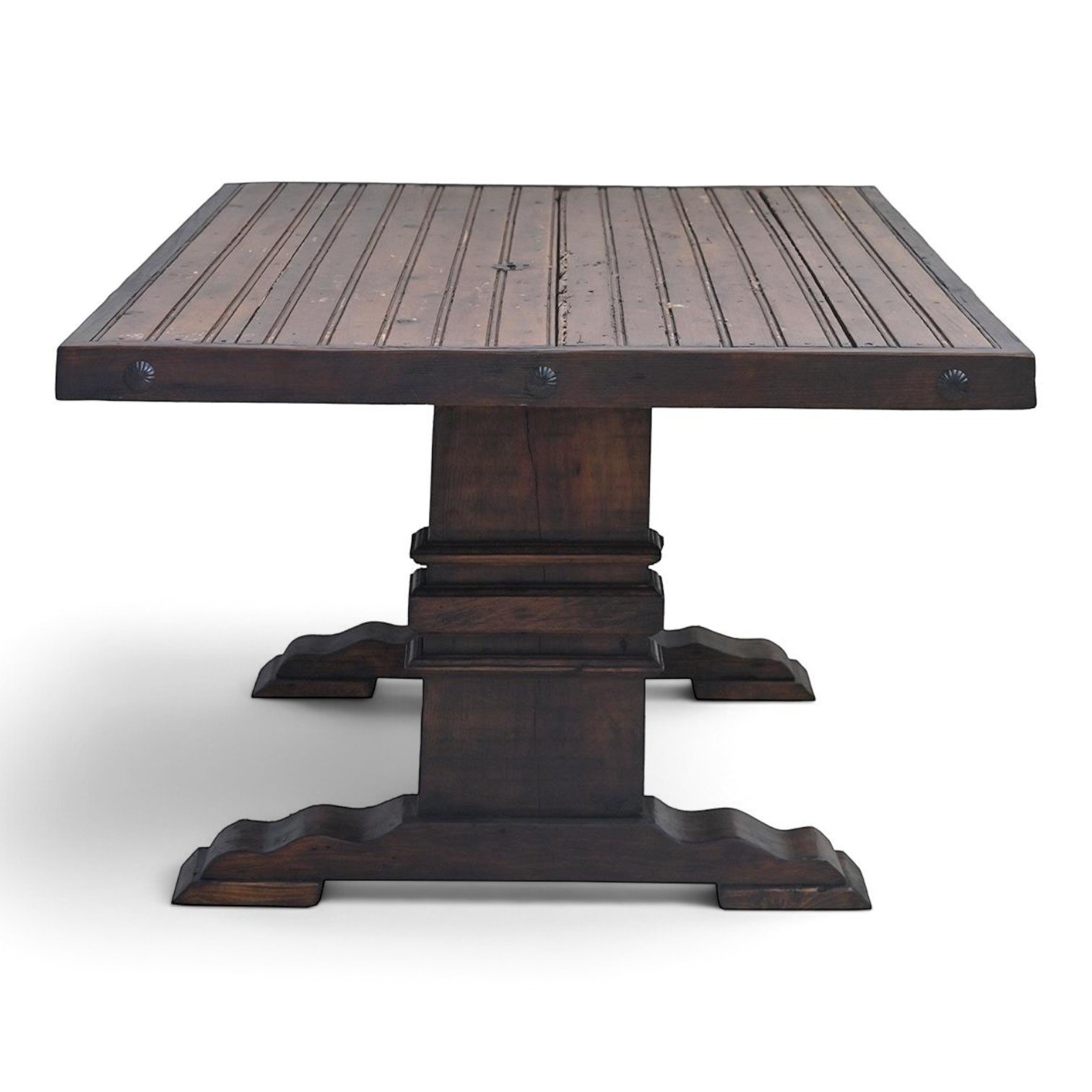 Handmade distressed slat top dining table with trestle base