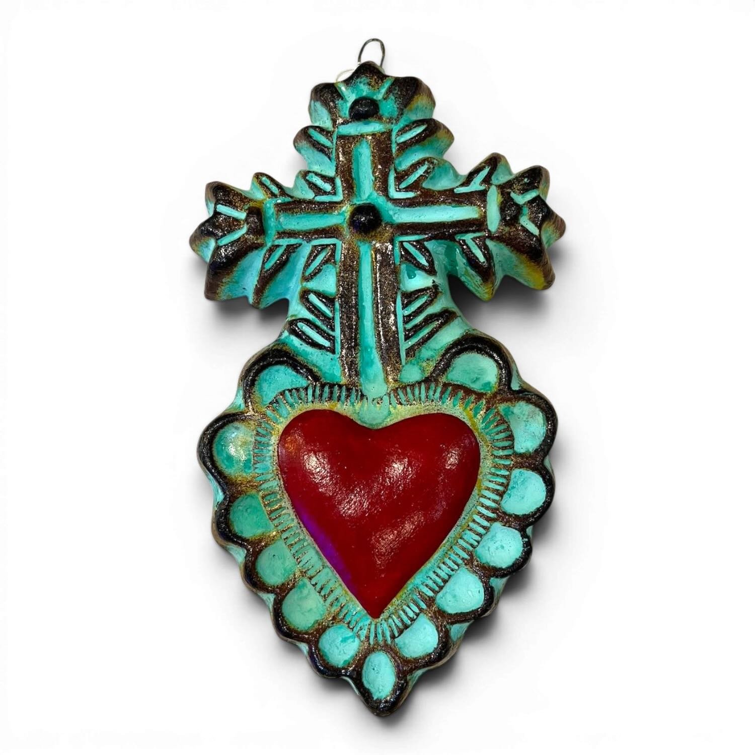 Turquoise Clay Heart with Cross – Handmade Mexican Sacred Heart Wall Décor
