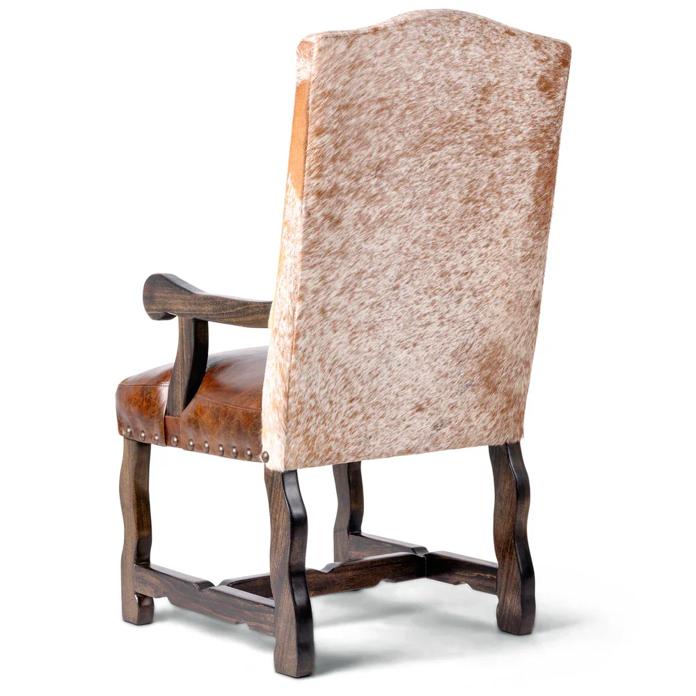 Wyoming Western leather arm dining chair with genuine artisan leather upholstery, solid hardwood frame, and integrated armrests.