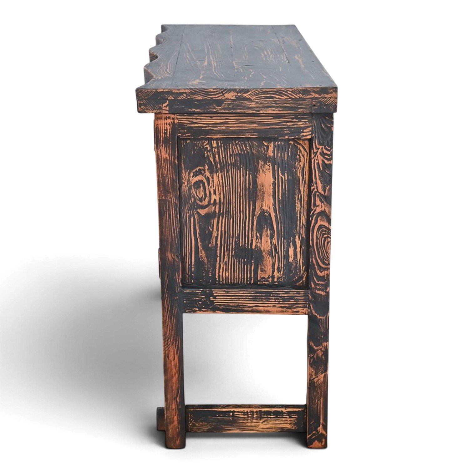 Villa Hidalgo cabinet with hand-carved details and distressed black wash finish, handmade in Mexico
