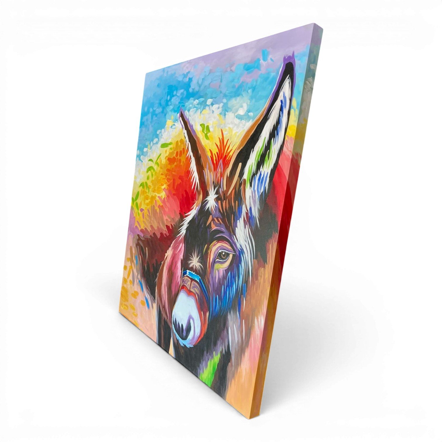 Hand-painted Mexican canvas featuring a colorful donkey in a joyful fiesta-inspired scene