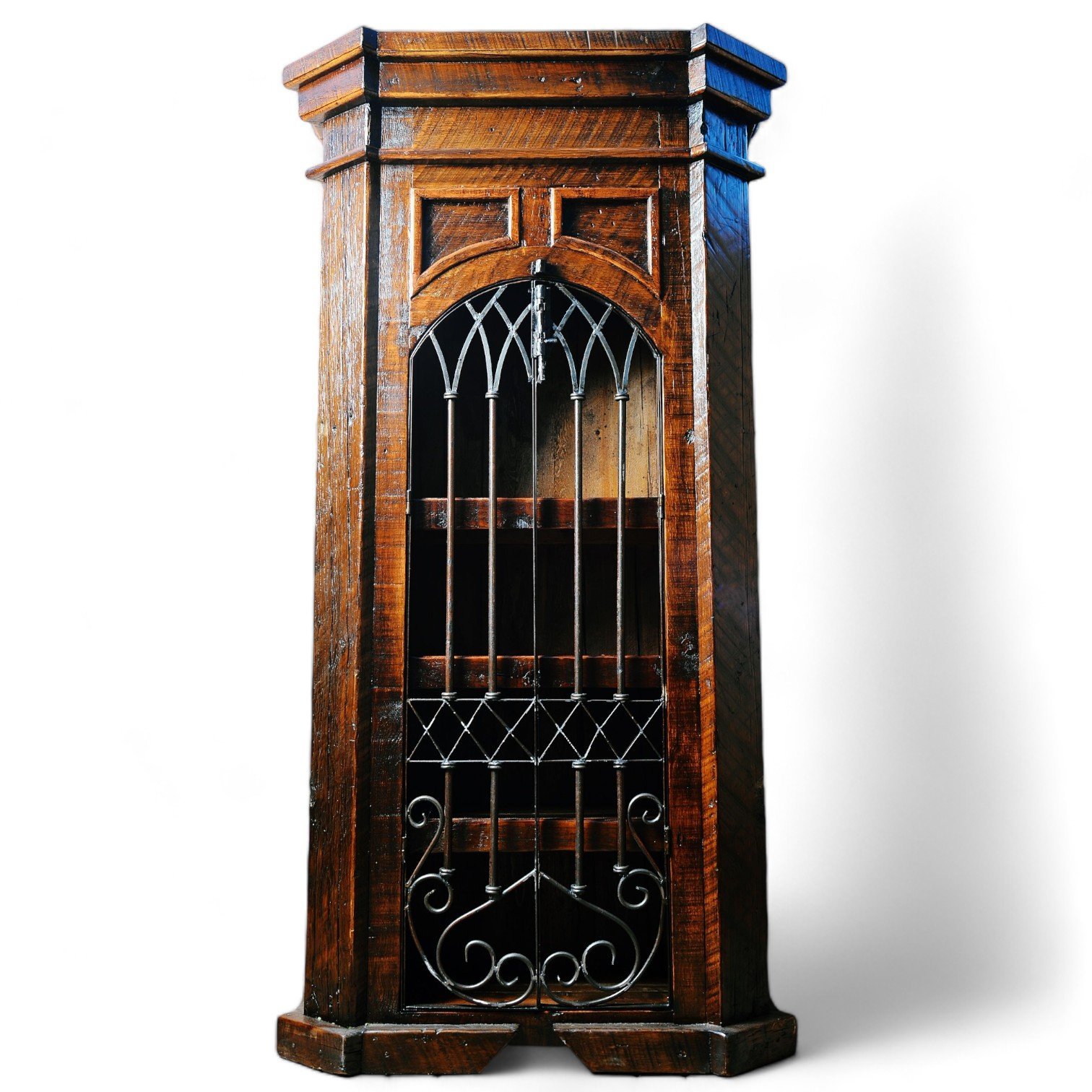 Handmade Armario Gran Frontera armoire crafted in Mexico from reclaimed wood with a decorative wrought iron door.