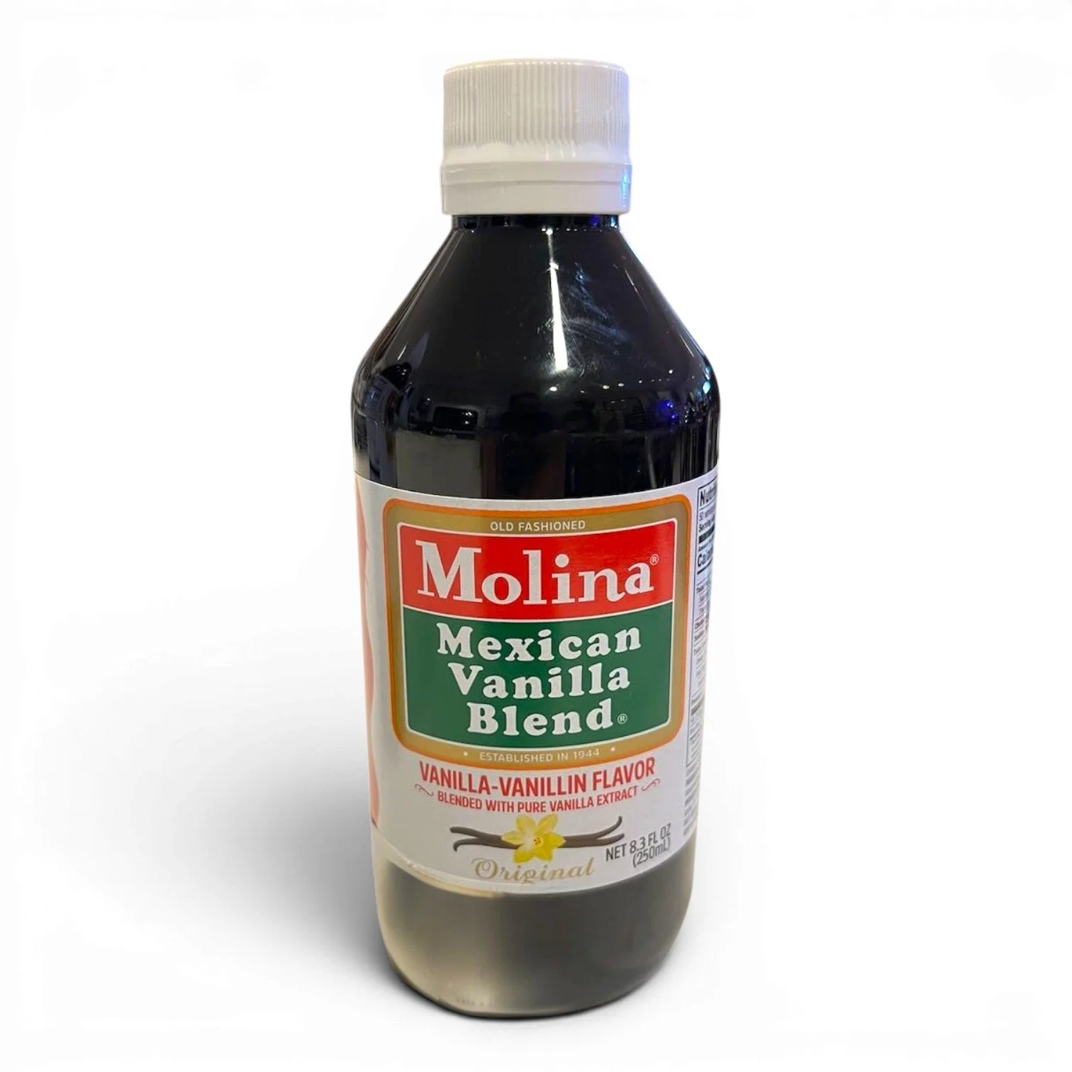 Molina Mexican Vanilla Blend Original bottles in multiple sizes featuring authentic Mexican vanilla flavor since 1944.
