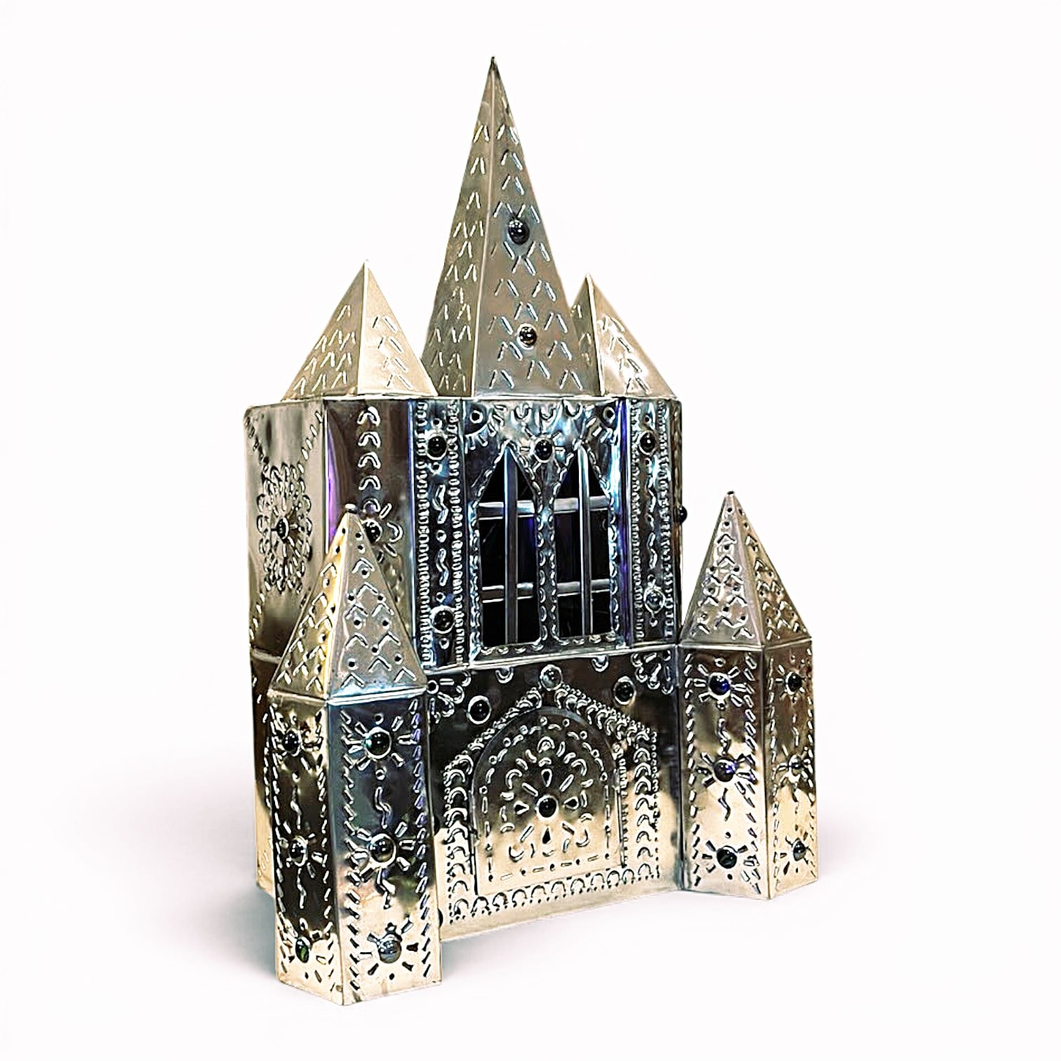 Handmade Cathedral Silver Lamp crafted in Mexico with intricate hand-punched tin detailing.