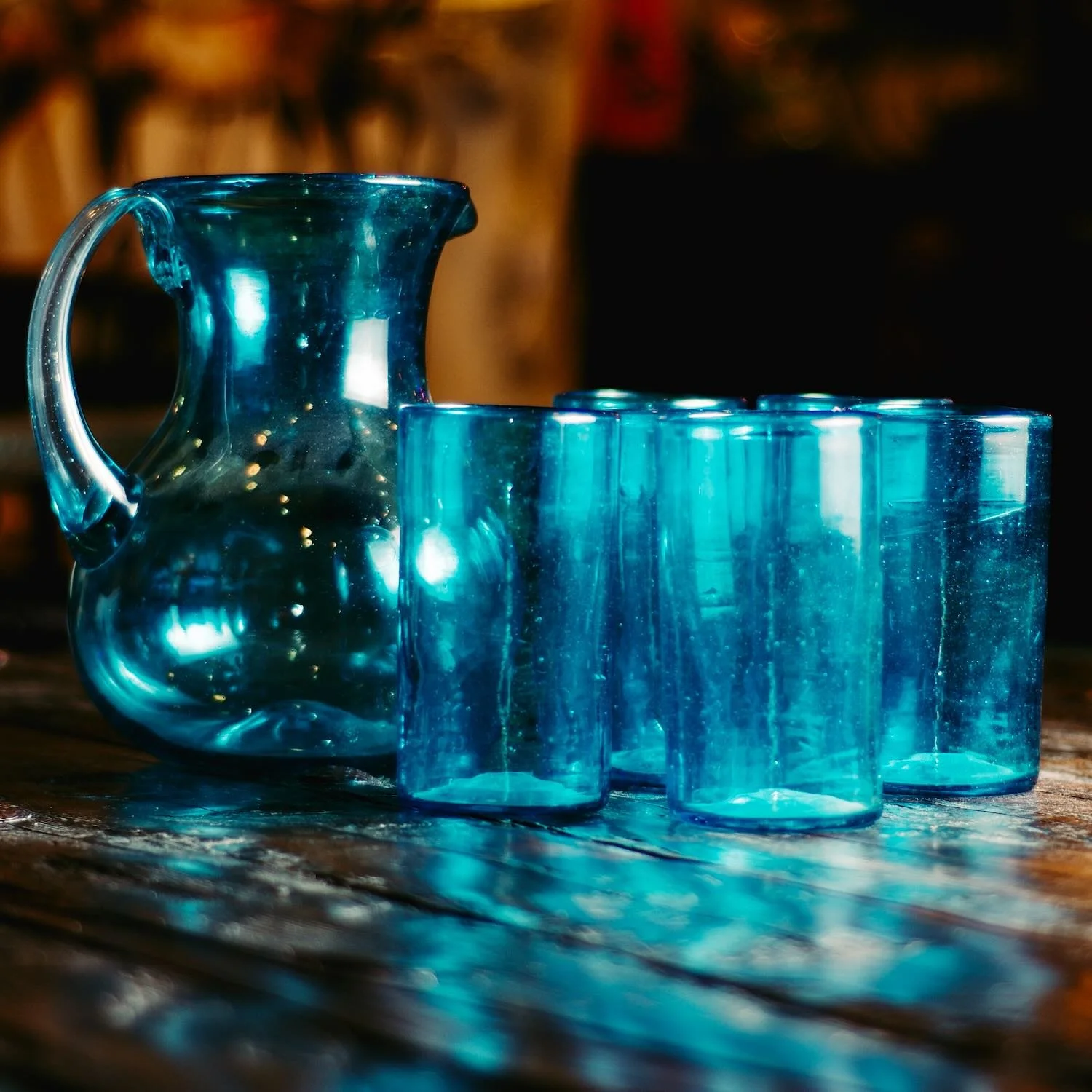 Handblown Turquoise Pitcher & Glassware Set