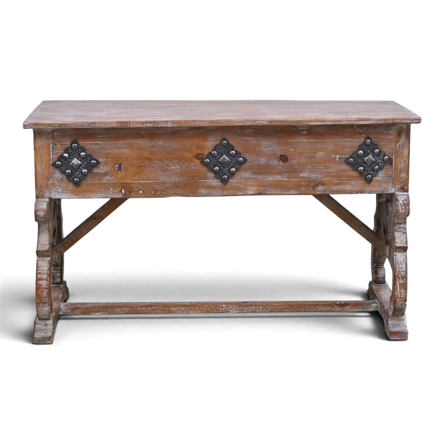 Rancho Salgado desk with whitewashed finish and iron trim, handmade in Mexico
