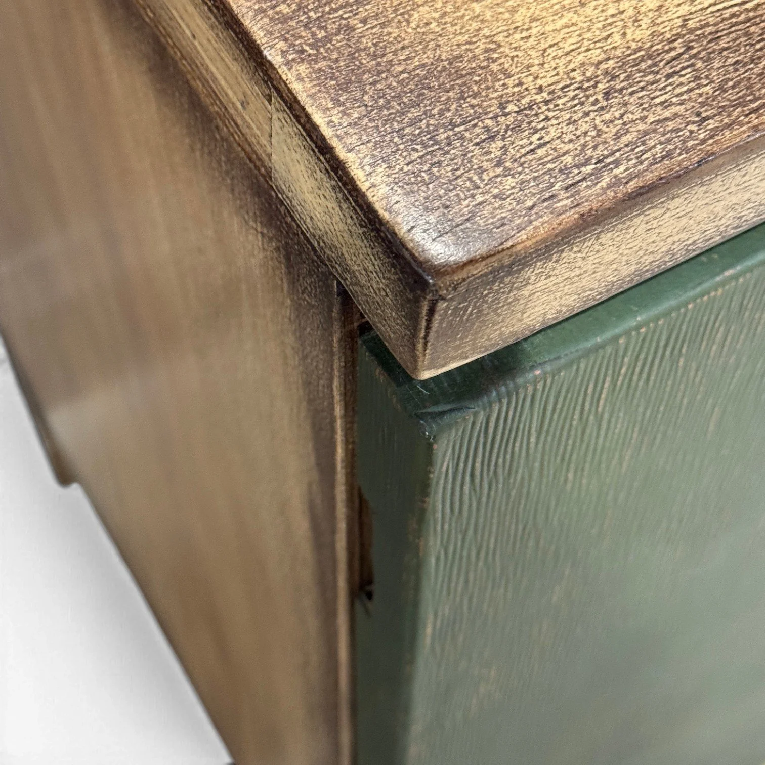 Handmade Peruvian Renata Leather Buffet in deep olive leather with warm wood top and base