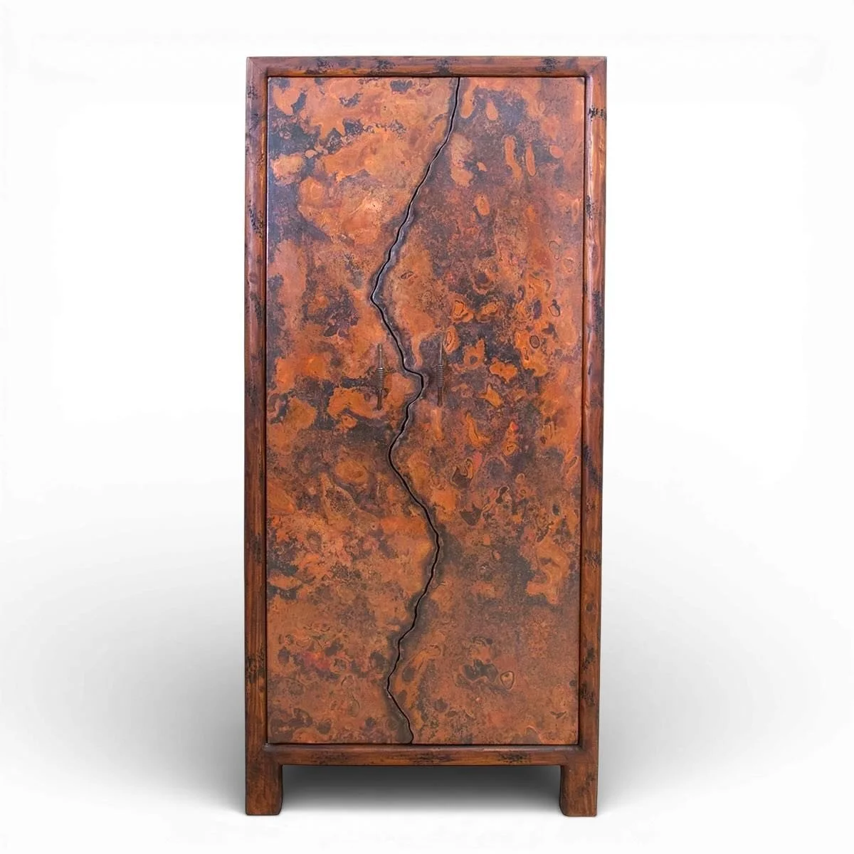 Handmade Mexican Volcán Copper Wine Cabinet with live edge hand-pounded copper doors, solid wood construction, and dark stained finish.