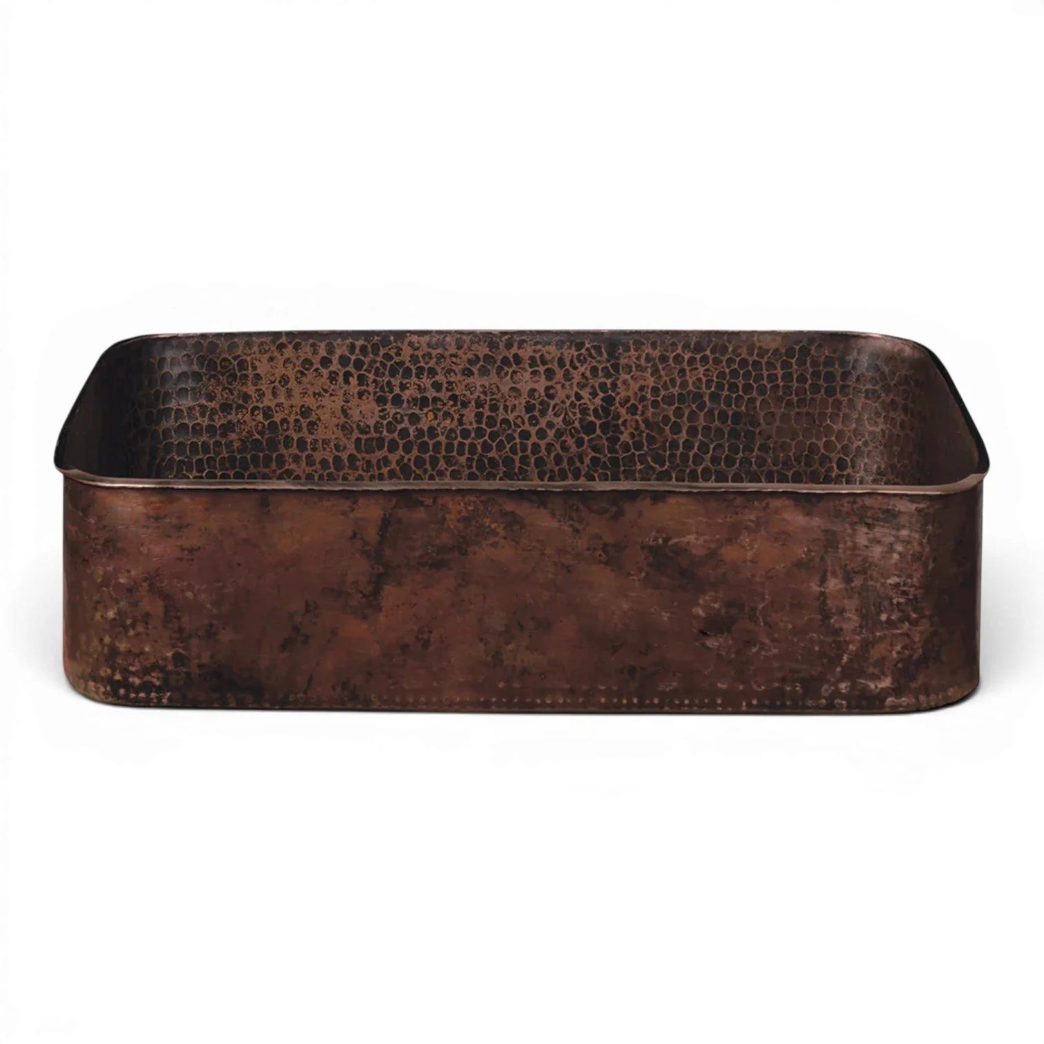 Hacienda Old World 19-inch rectangle tub hand forged hammered copper vessel sink with oil rubbed bronze patina.