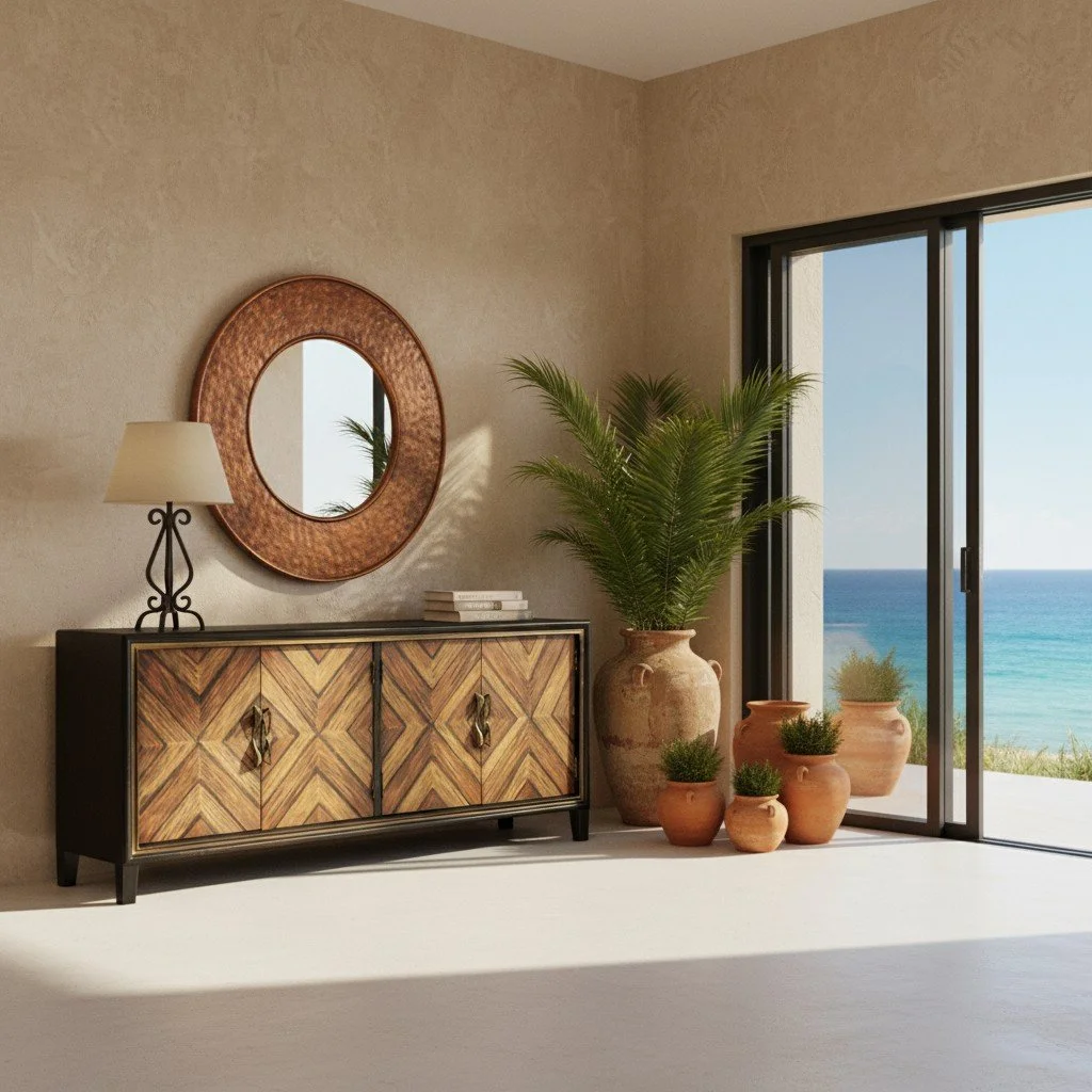 Handmade Peruvian Triana Buffet with hand-painted chevron doors, black frame, and gold accents
