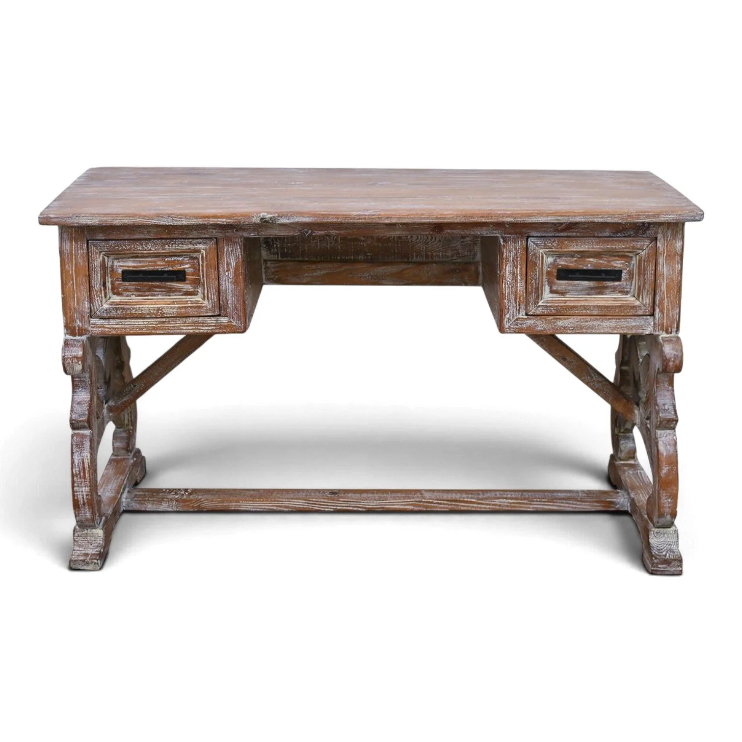 Rancho Salgado desk with whitewashed finish and iron trim, handmade in Mexico
