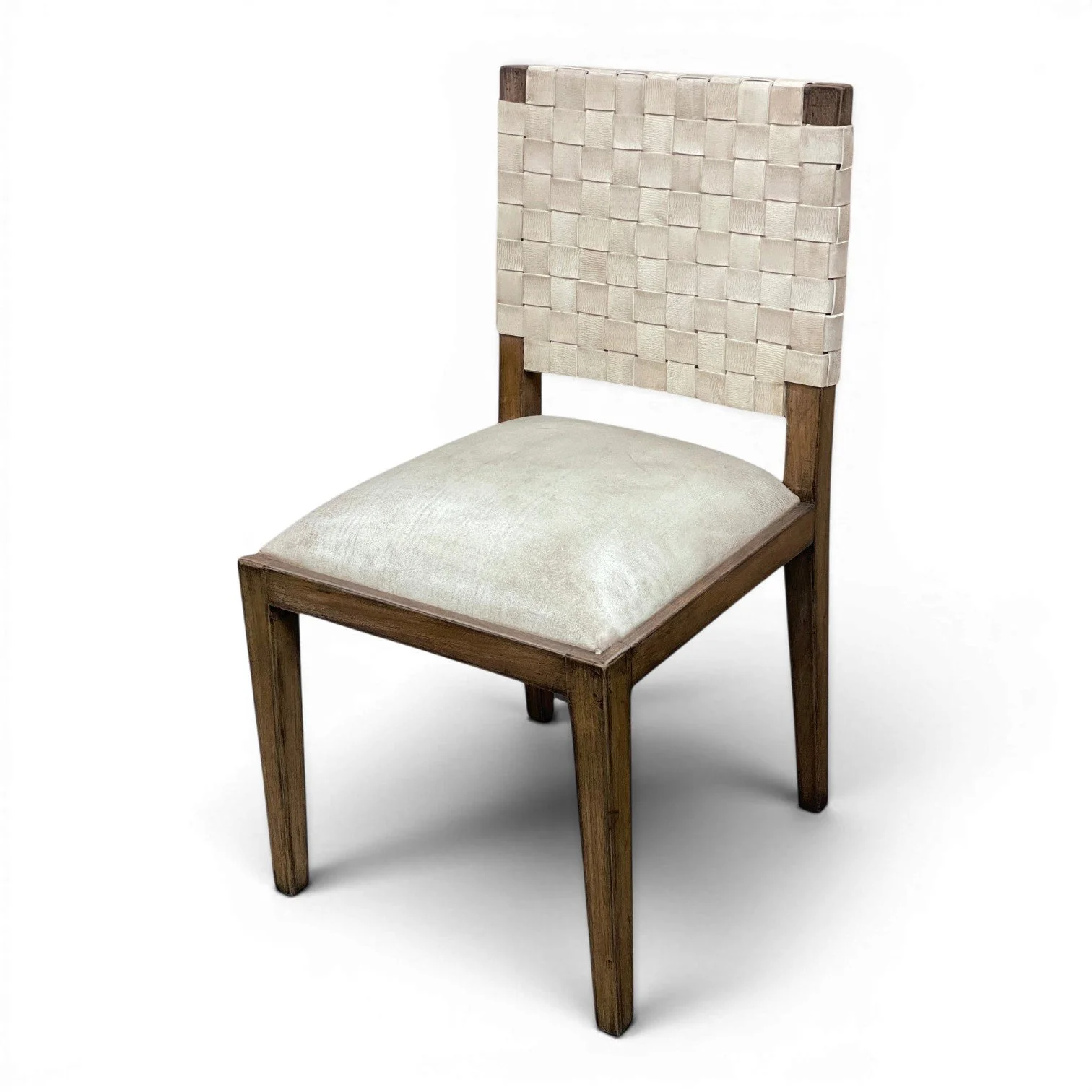Handmade dining chair with woven leather backrest and seat, dark wood frame