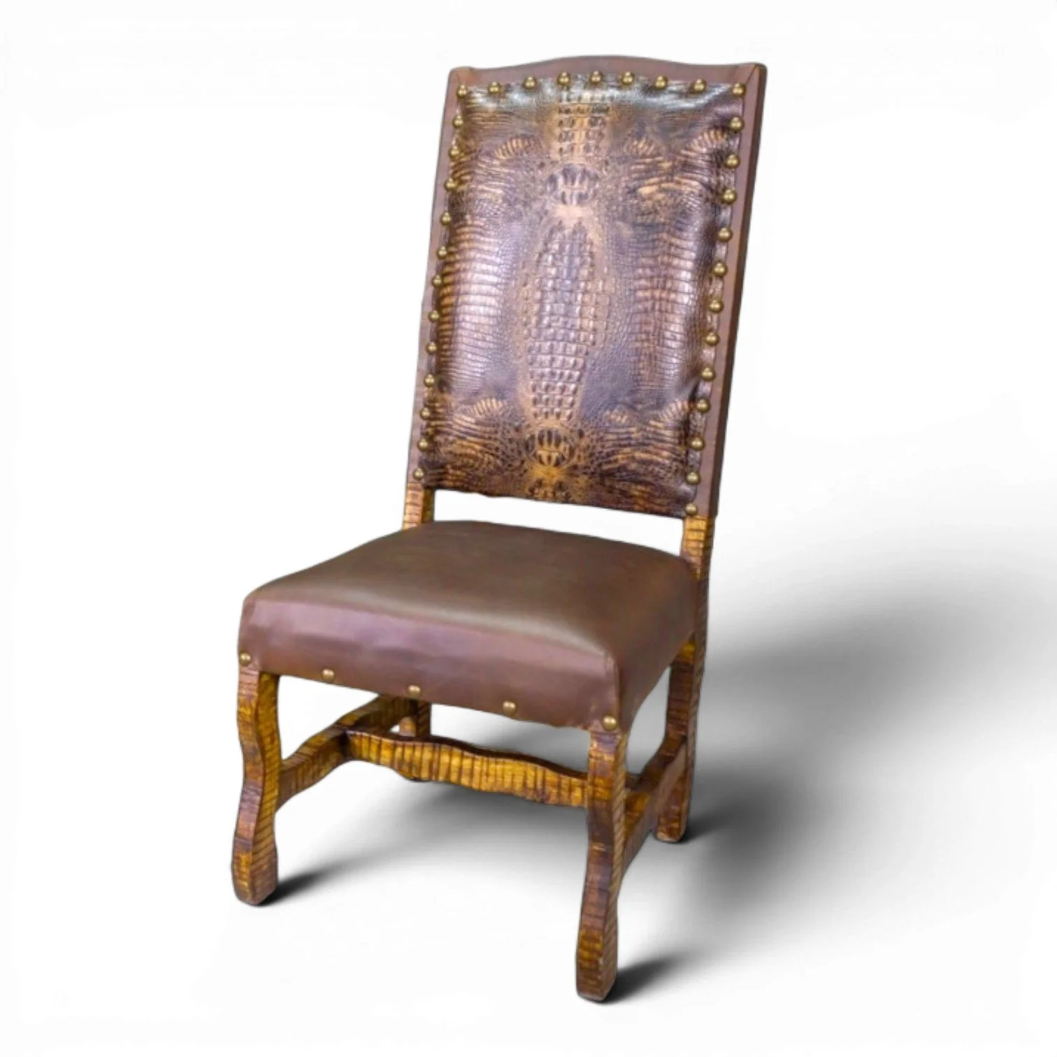 Handmade Mexican leather dining chair with Brown Crocodile and Sierra Chestnut upholstery