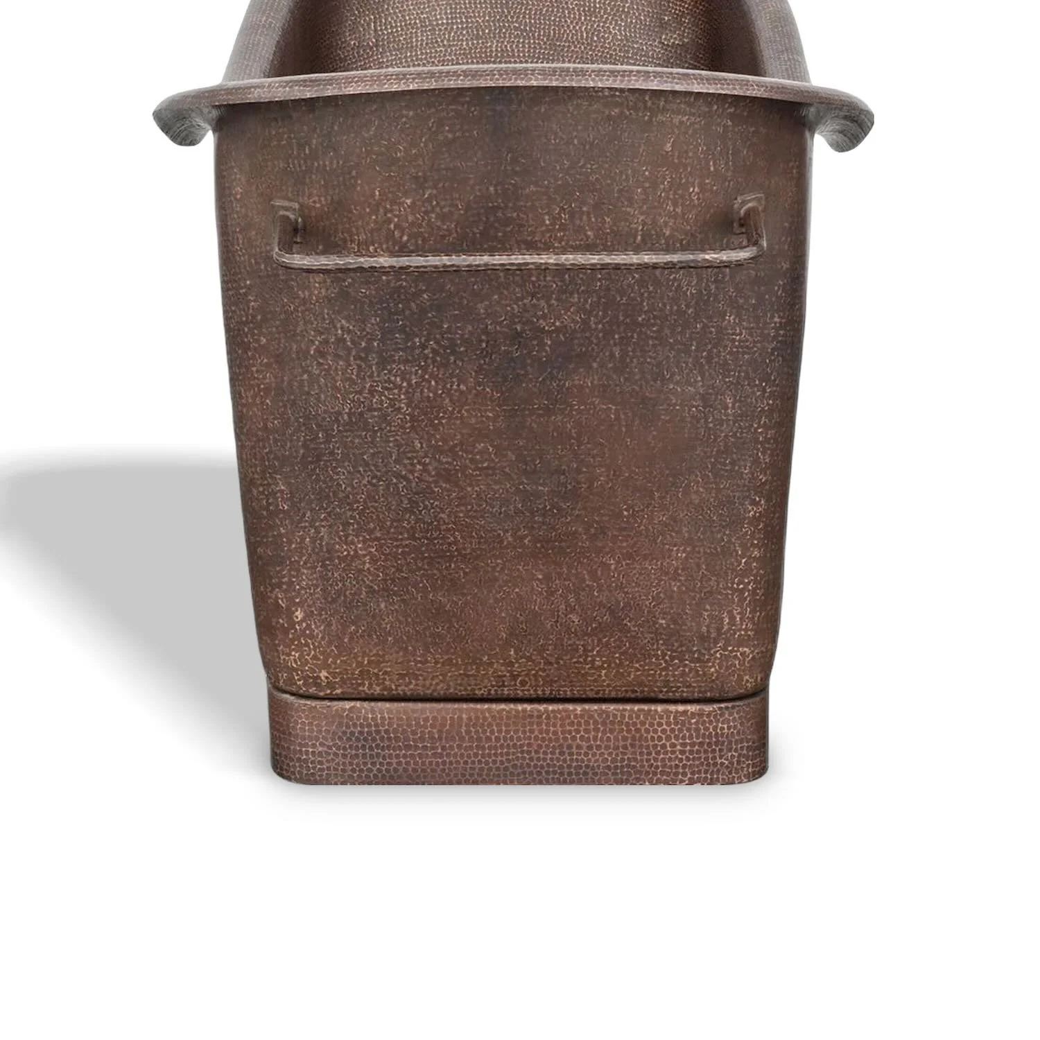 Handmade Hacienda 67-inch hammered copper rectangular bathtub with integrated towel bars and oil rubbed bronze finish.