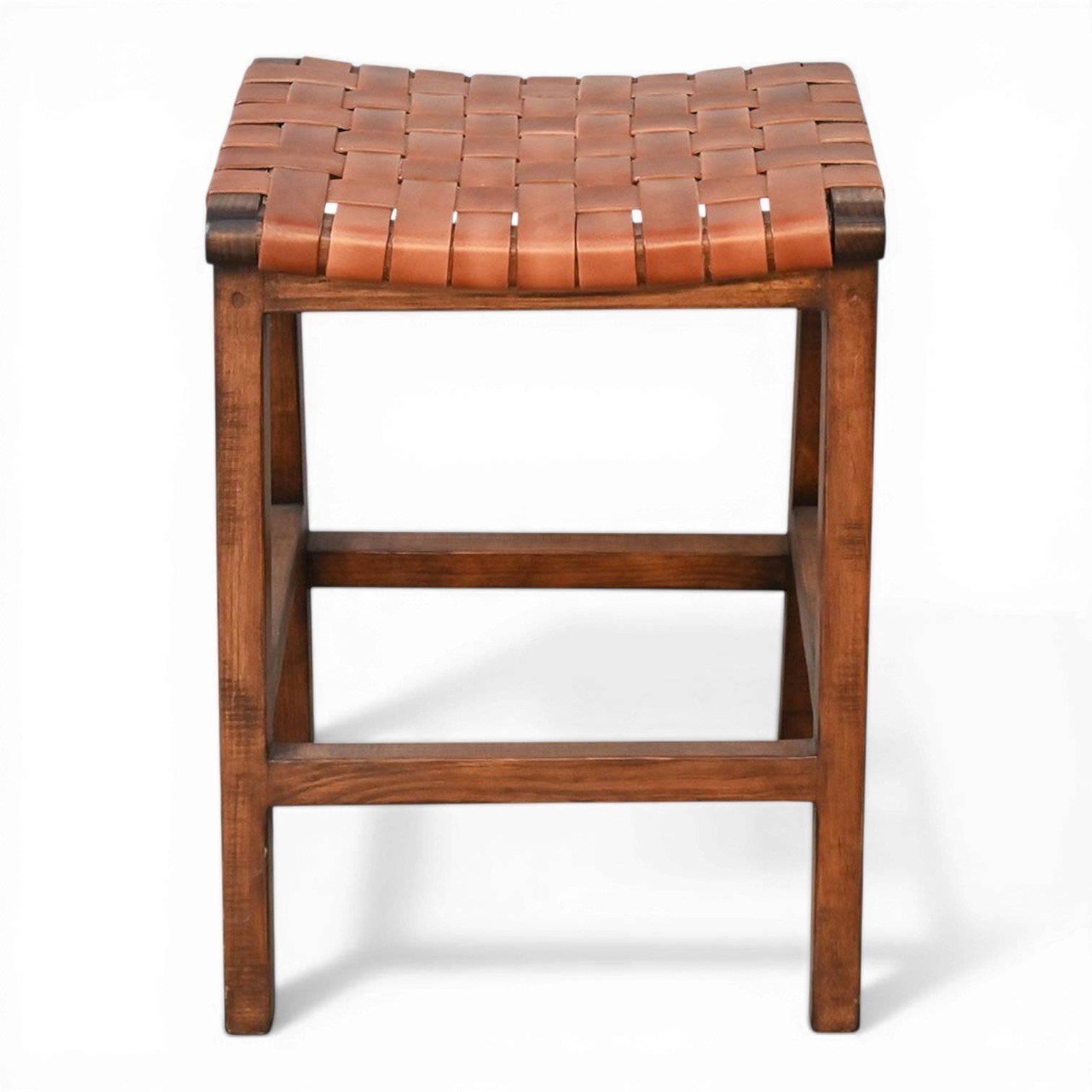 Handmade Cambria crisscross terracotta leather bar stool with dark wood frame crafted in Mexico.