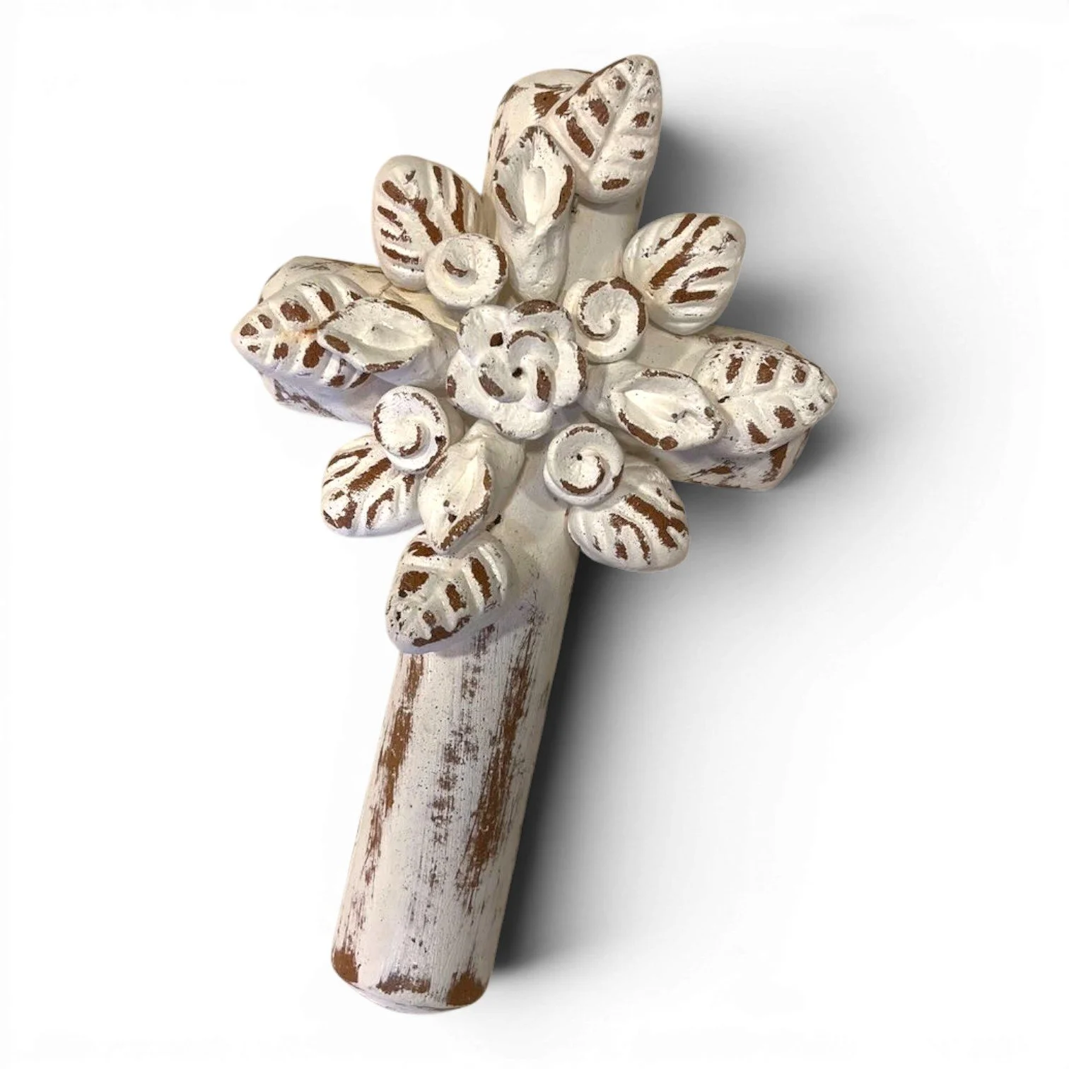 Cruz Blanca con Flores | Handmade Mexican Clay Cross Wall Art