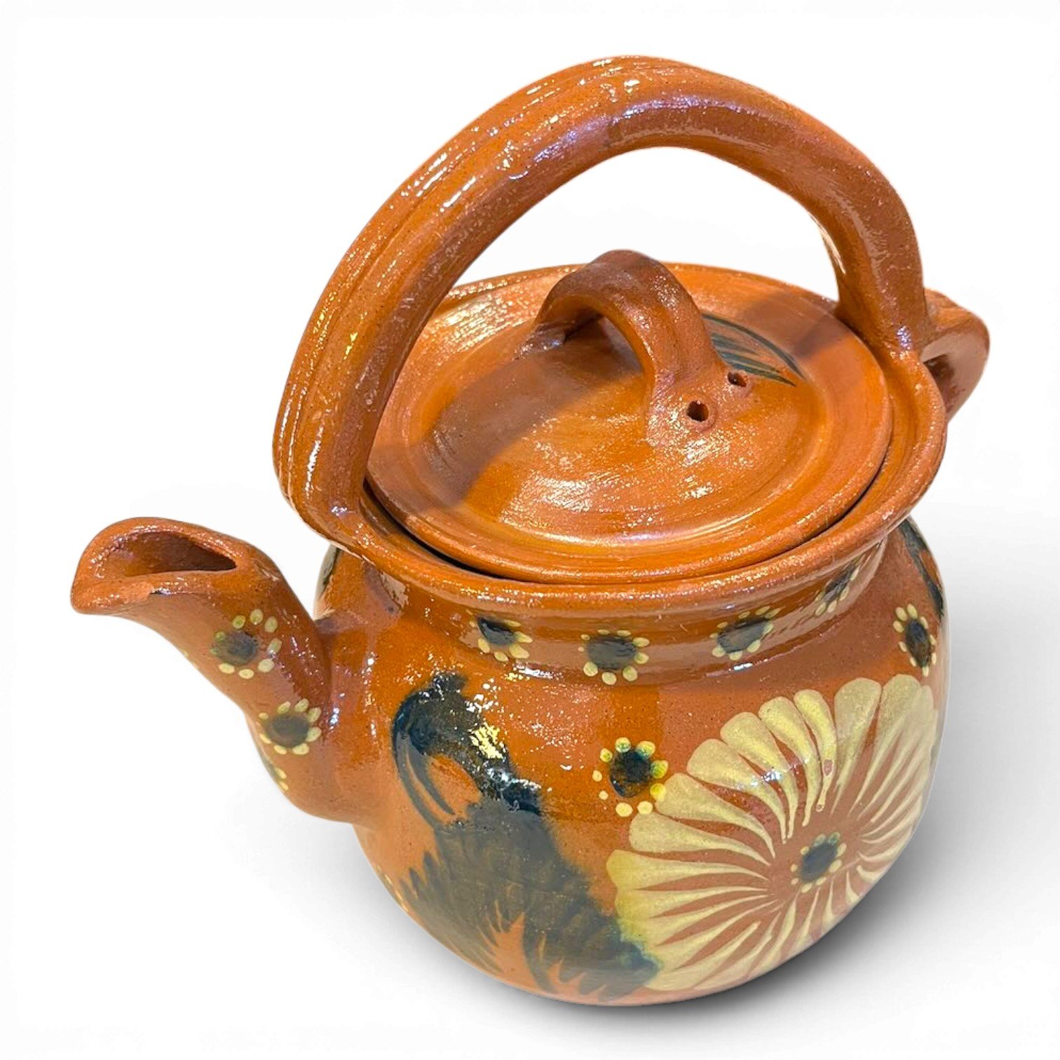 Handmade Mexican Cafetera de Barro clay coffee and tea pot with hand-painted floral design and glazed finish.