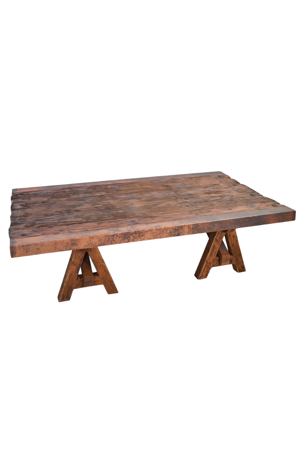 Shop the Floresville Copper Edge Coffee Table handmade in Mexico. Solid wood coffee table with hand-pounded copper accents, clavos, and rustic artisan style.
