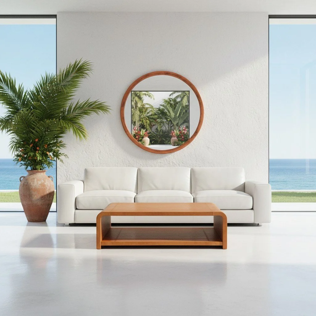 Handmade leather-wrapped coffee table in cognac with hand-stitched detailing