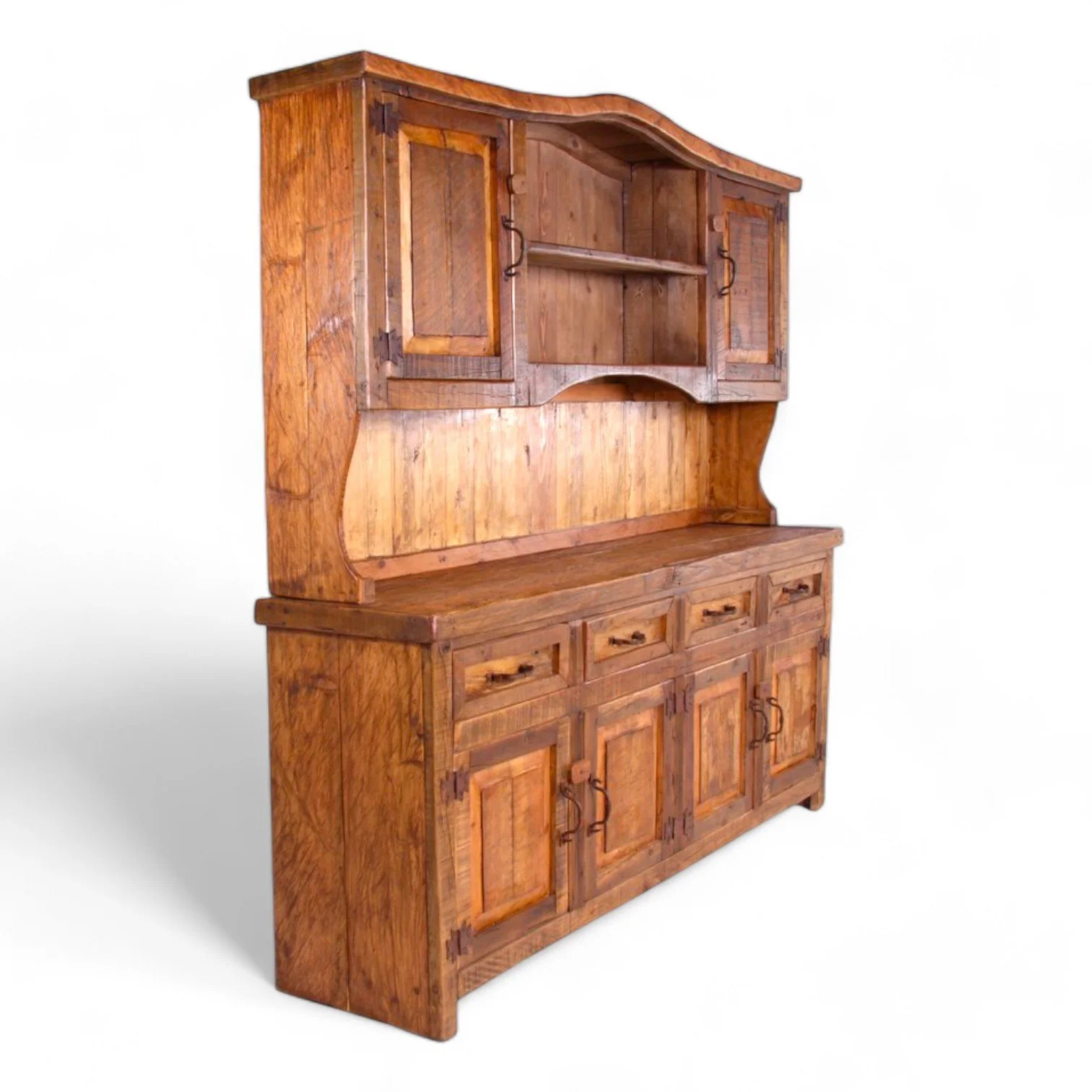 Handmade Mexican reclaimed wood china hutch with iron hardware and dark stain