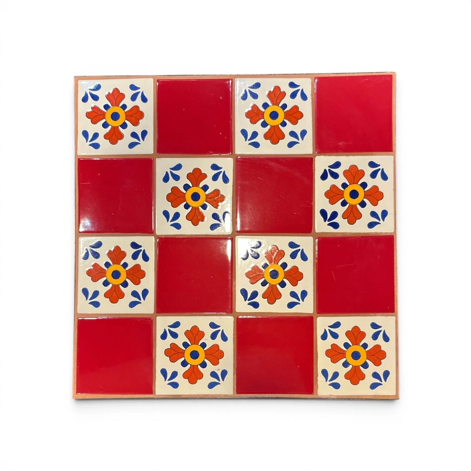Handmade Talavera 16 Tile Table with colorful Mexican ceramic tiles and twisted wrought iron legs.