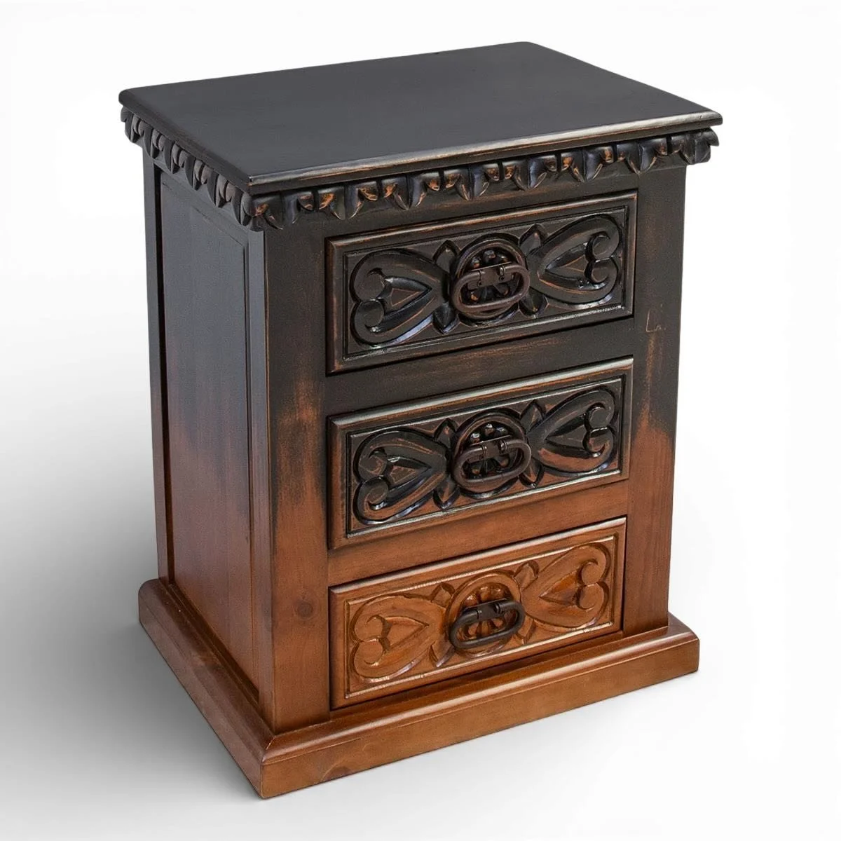 Handmade Oaxaca Ombre carved nightstand with detailed wood carving and gradient ombre finish crafted in Mexico.
