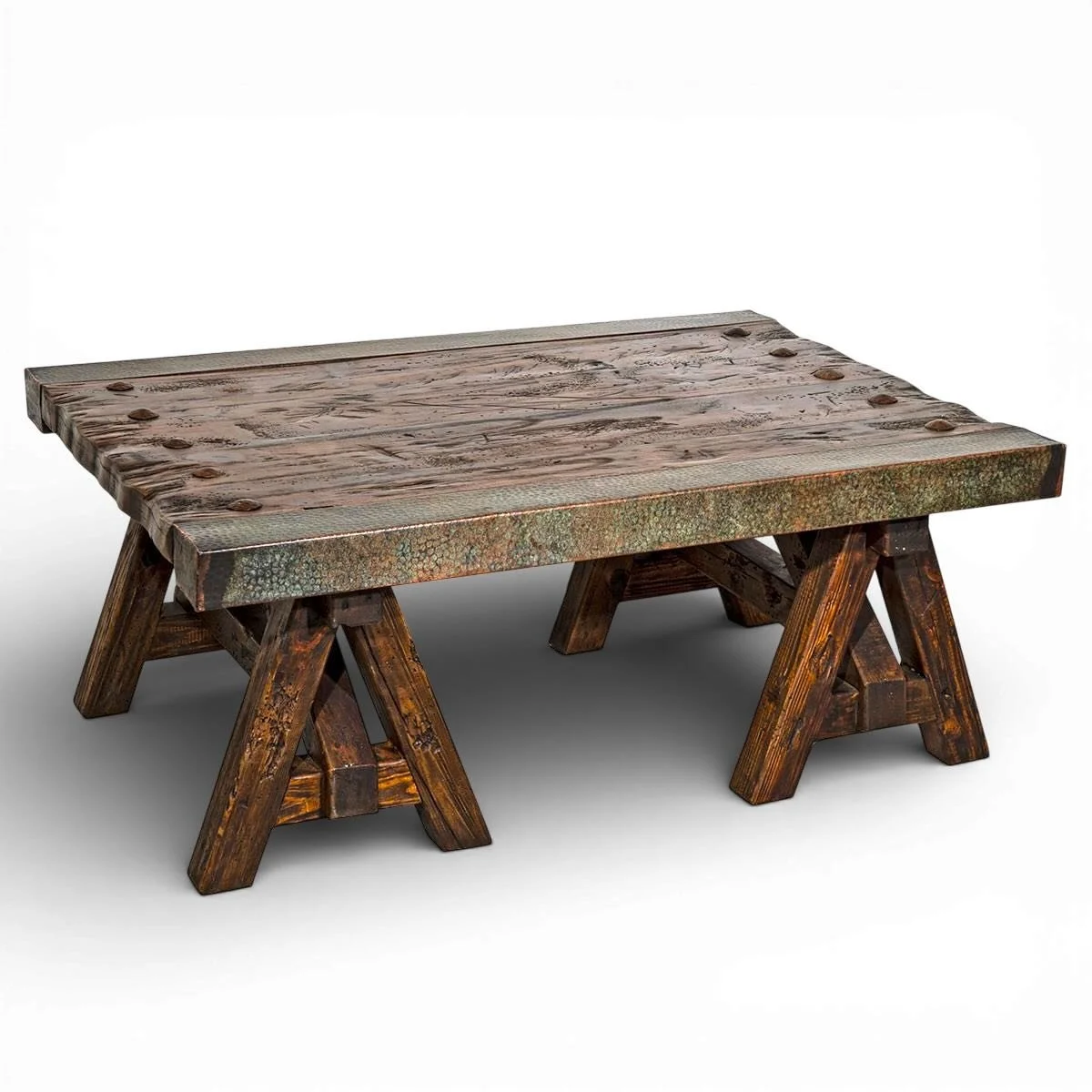 Handmade Floresville turquoise copper edge coffee table with reclaimed wood and distressed rustic finish.