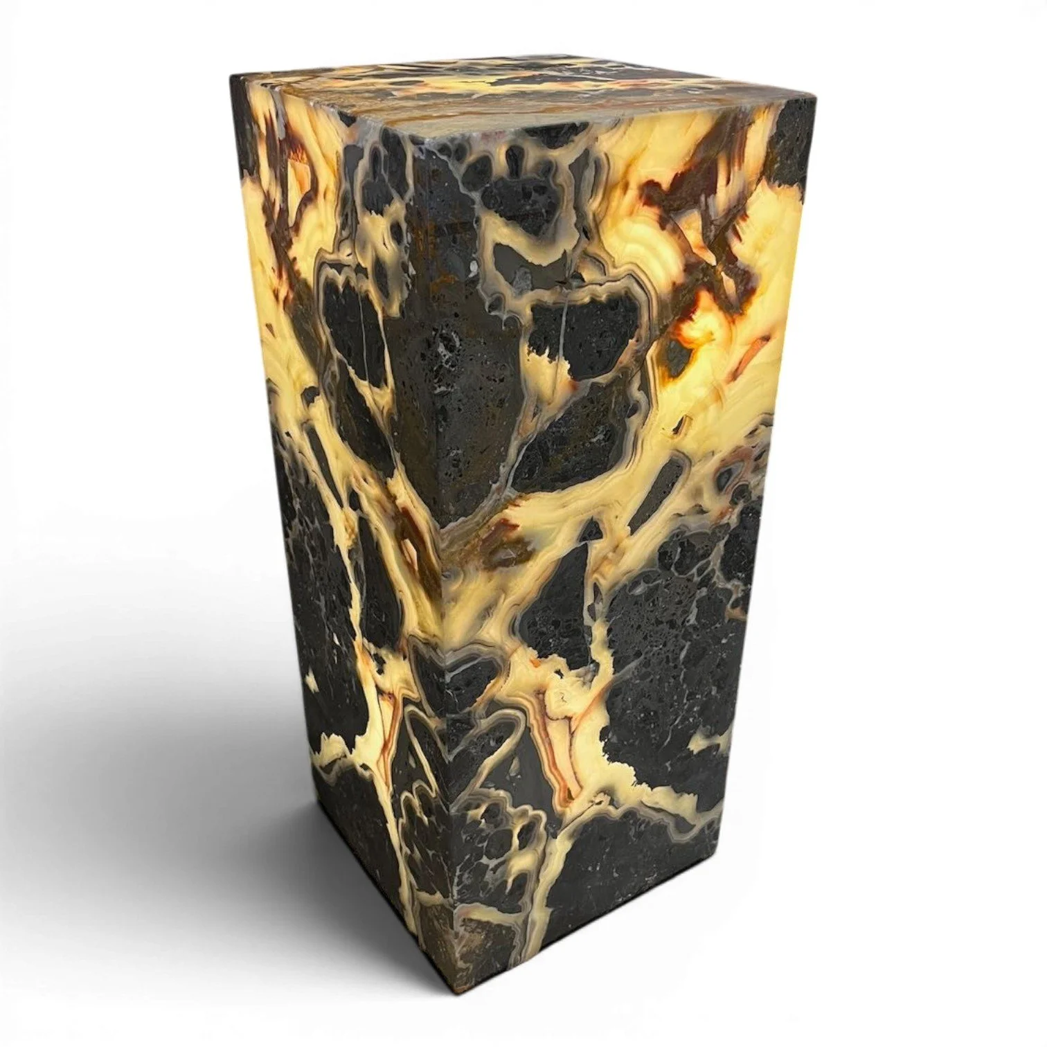 Handmade Mexican square onyx tower floor lamp with rich natural stone patterns and warm ambient glow