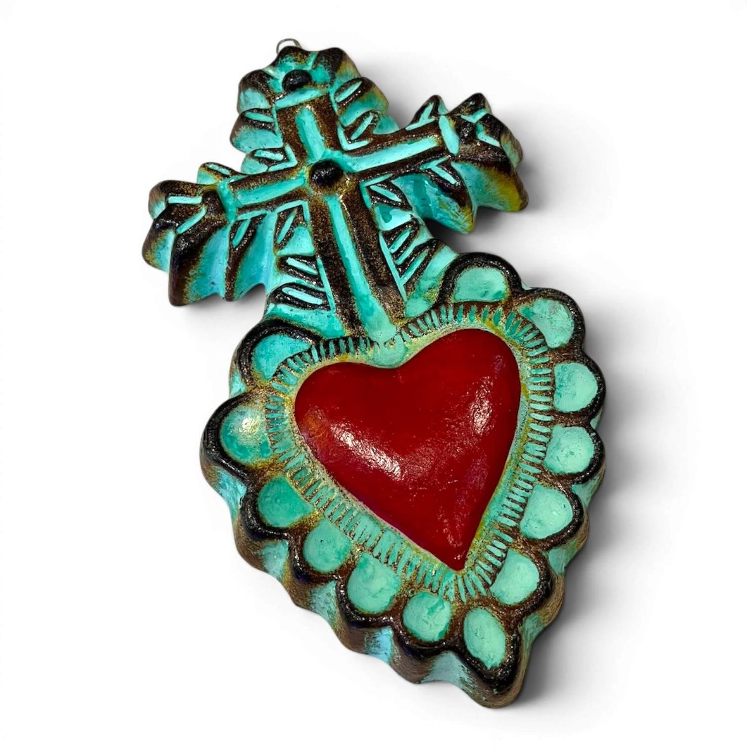 Turquoise Clay Heart with Cross Handmade in Mexico