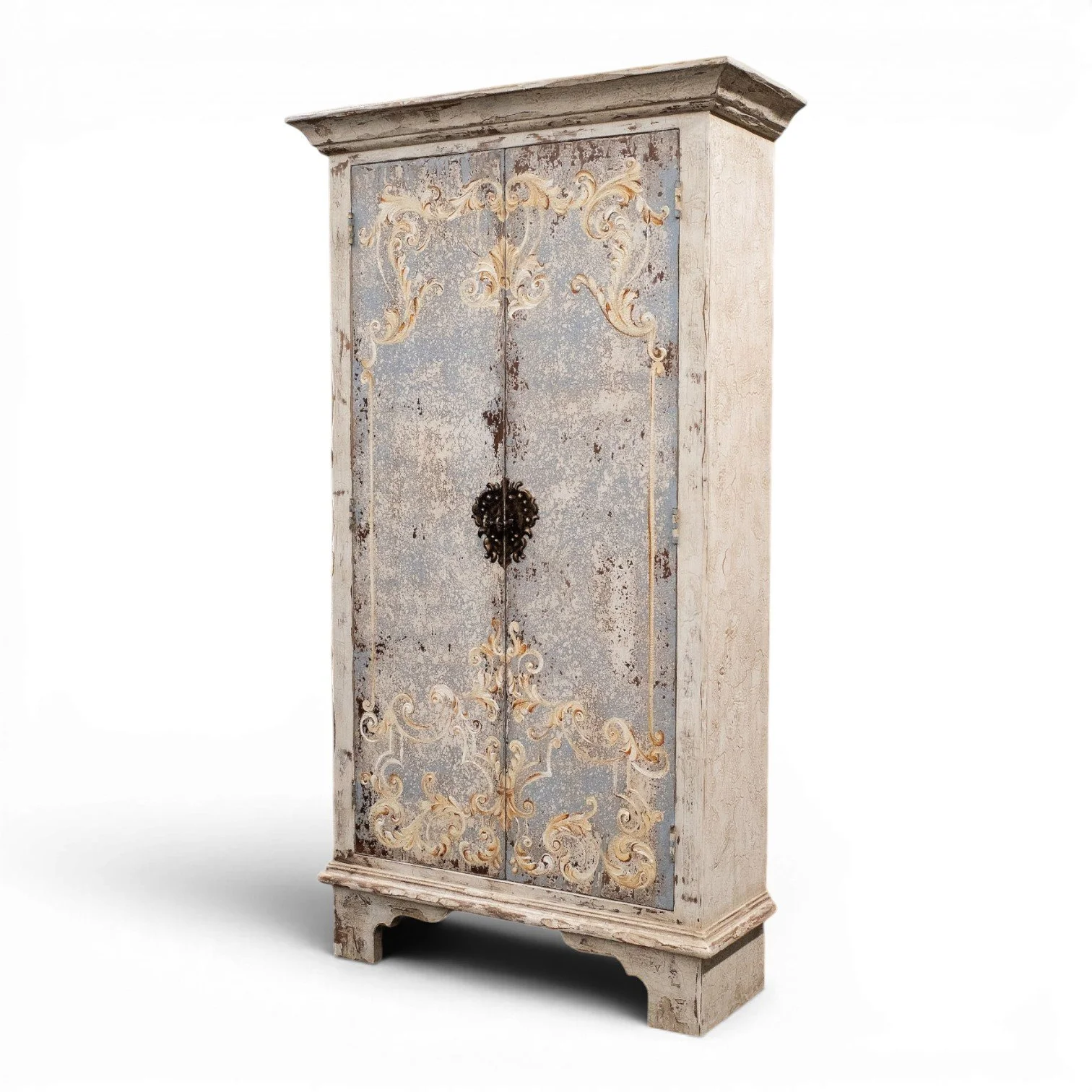 Mirador handmade Peruvian armoire with waxed white finish, hand-painted blue panel, cream and gold scrollwork, distressed antique finish, and hand-forged iron handle.