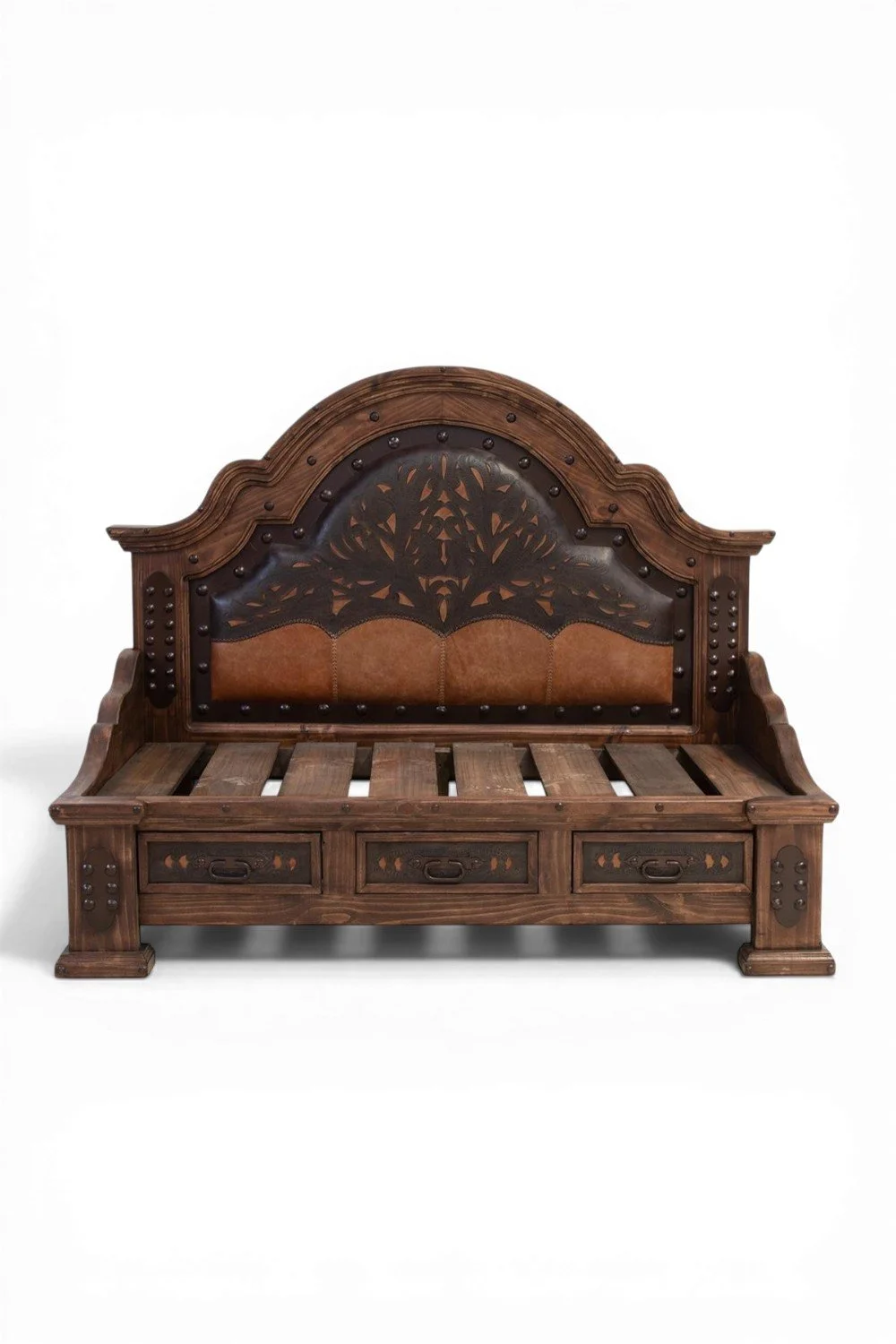 Shop a handmade wooden day bed from Mexico. Rustic hacienda-style design with carved details and iron accents for versatile home decor.