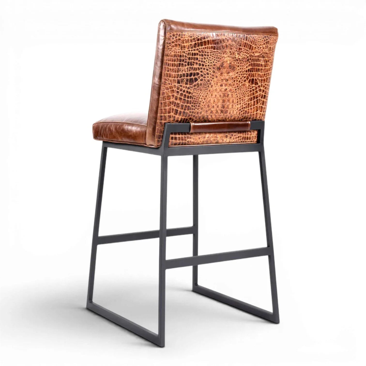 Handmade Austin leather bar stool with top-grain brown leather, crocodile-pattern leather back, and solid iron frame.