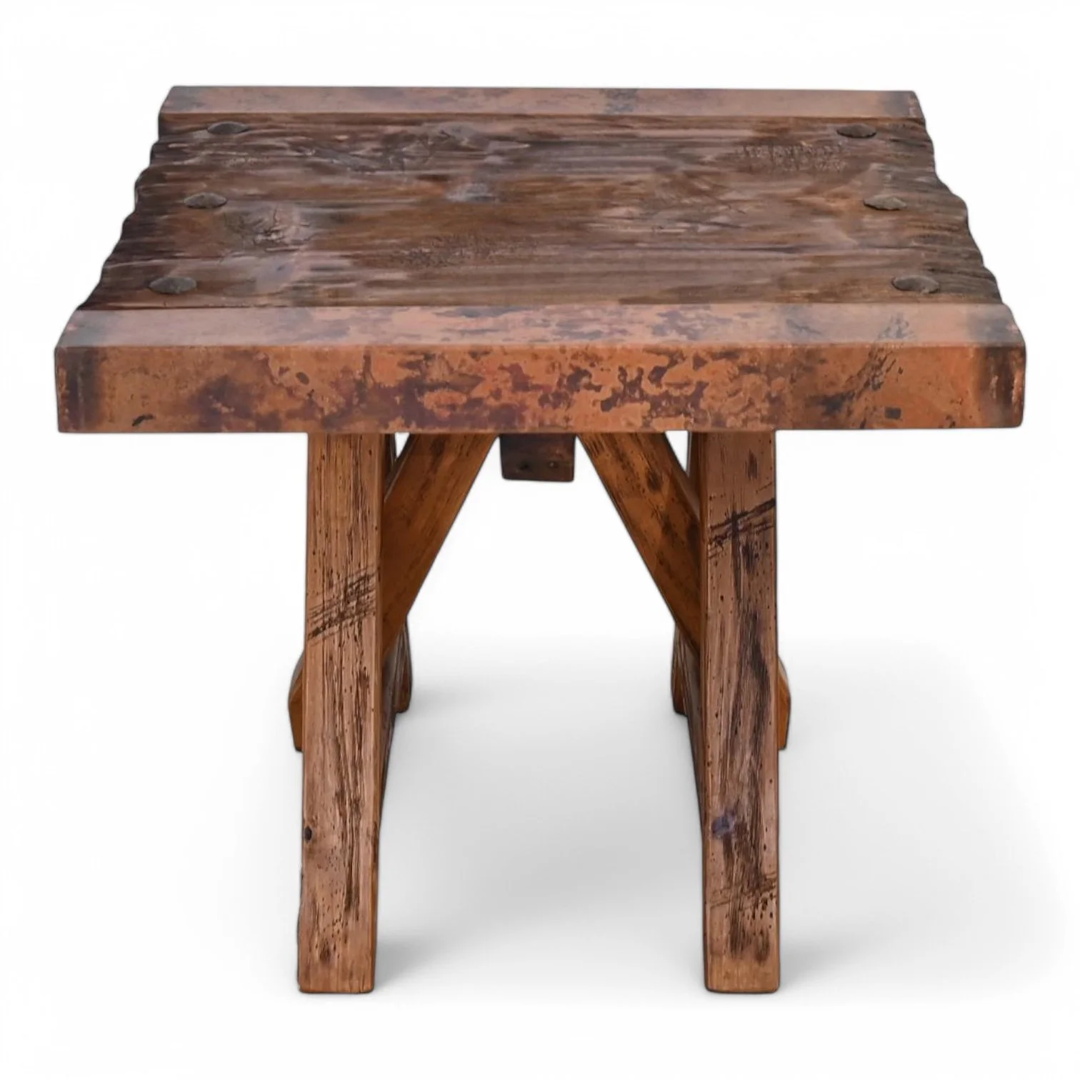Handmade Floresville reclaimed wood end table with distressed finish and hand-pounded copper edge trim.