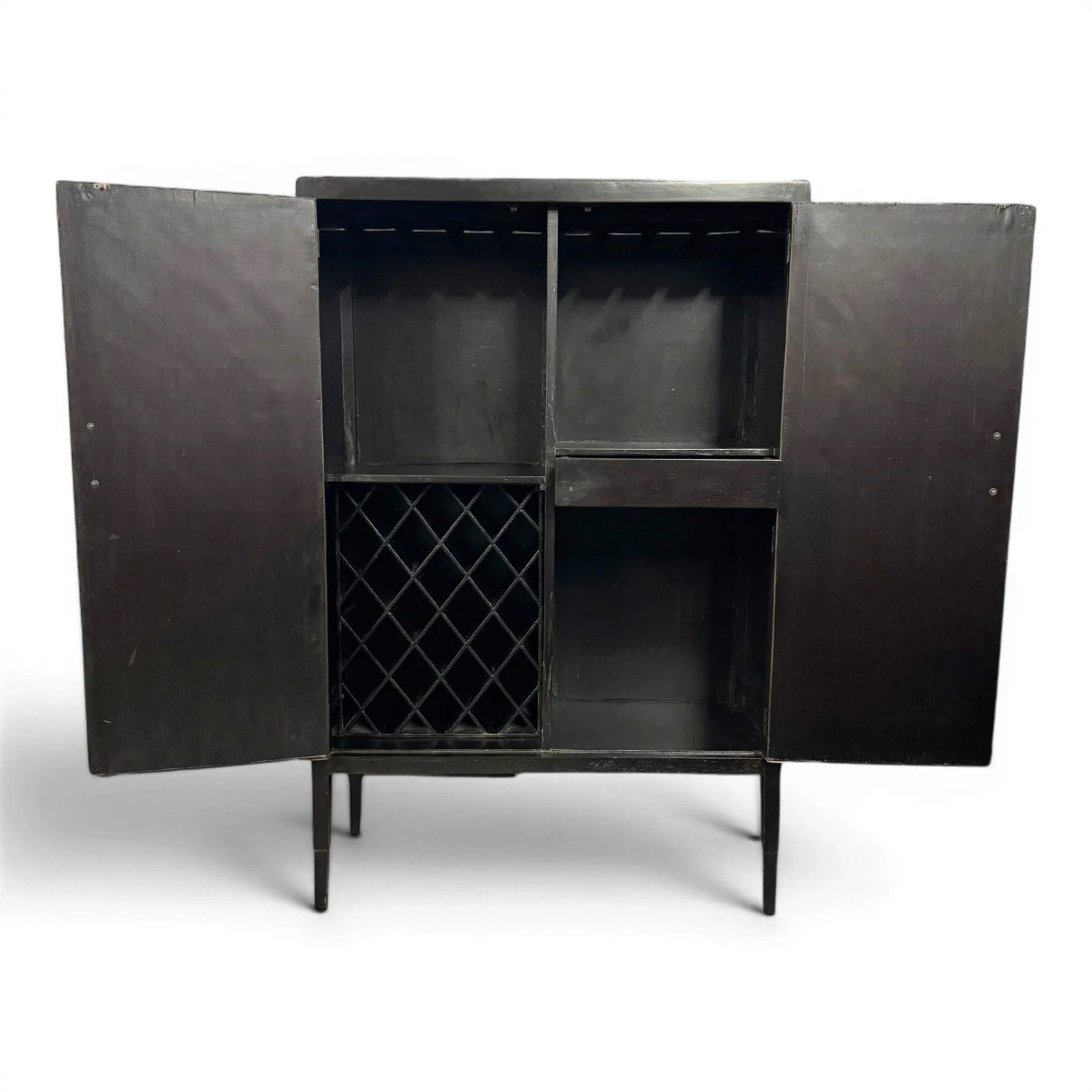 Collana handmade Peruvian wine cabinet with chocolate leather panels, geometric door design, wine rack, glass holders, and black wood frame.