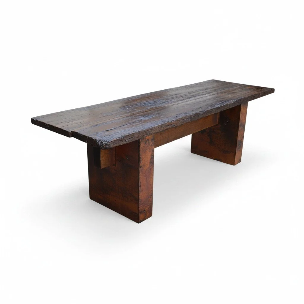 Handmade Guaymas dining table with distressed dark wood top and hand-pounded natural copper pedestal base crafted in Mexico.