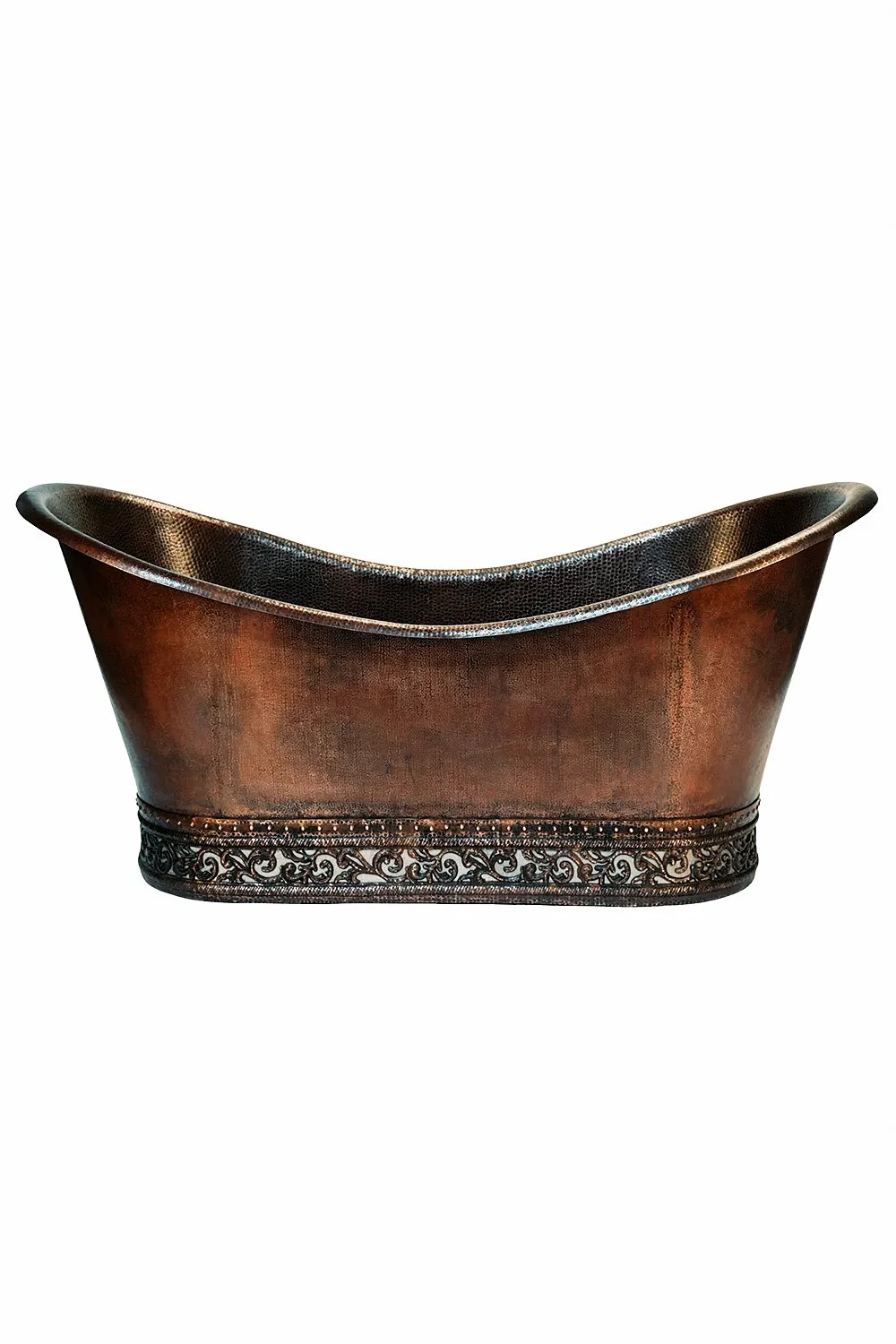 67" Hammered Copper Double Slipper Bathtub - Nickel Inlay