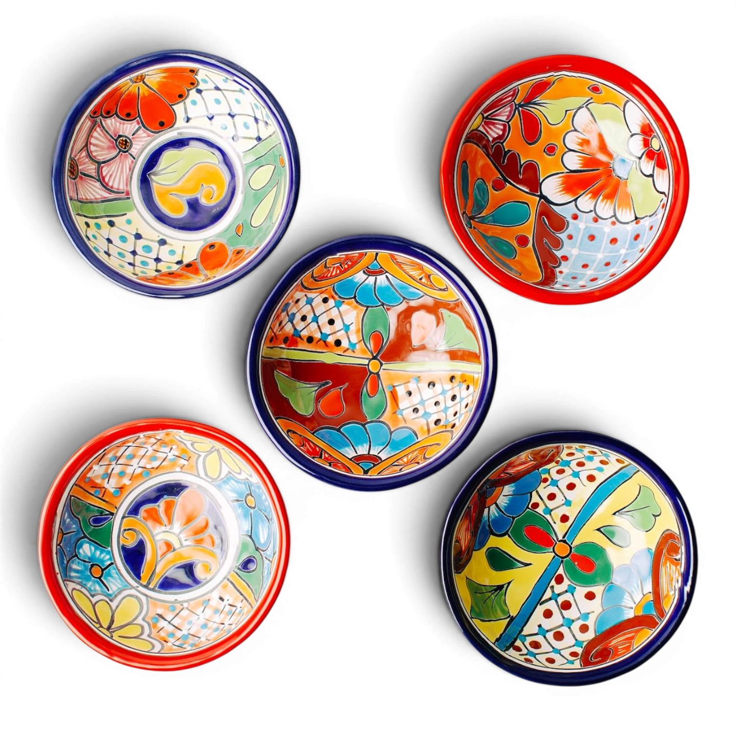Handmade Mexican Talavera molcajete bowl with colorful hand-painted design and three-legged base