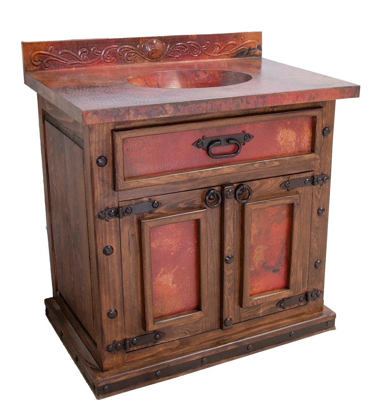 Handmade Coyanosa copper bathroom vanity with embossed copper backsplash, sink, top, door panels, iron hardware, and dark wood finish.