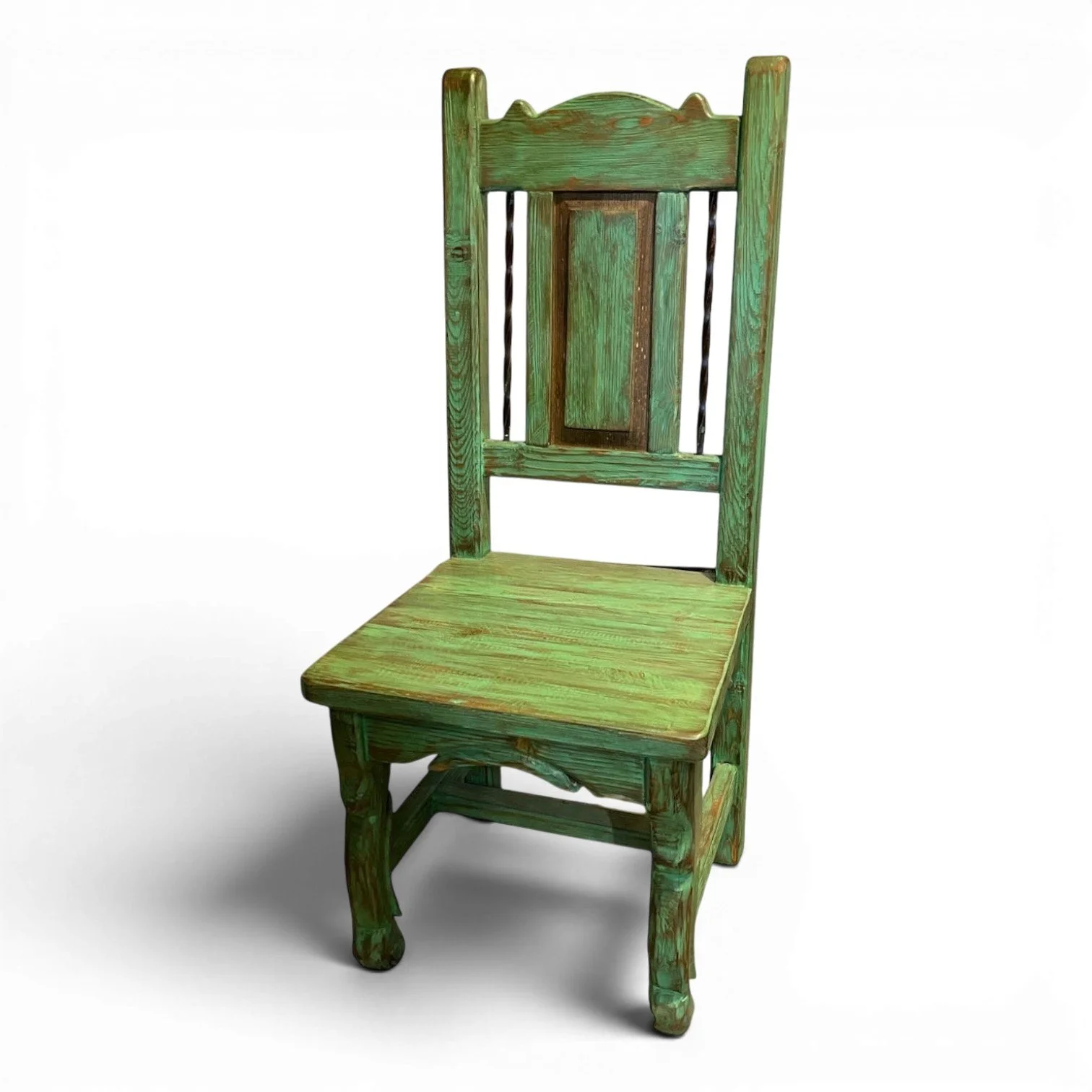 Silla Veracruz handcrafted Mexican reclaimed wood dining chair with twisted iron backrest and hand-carved details